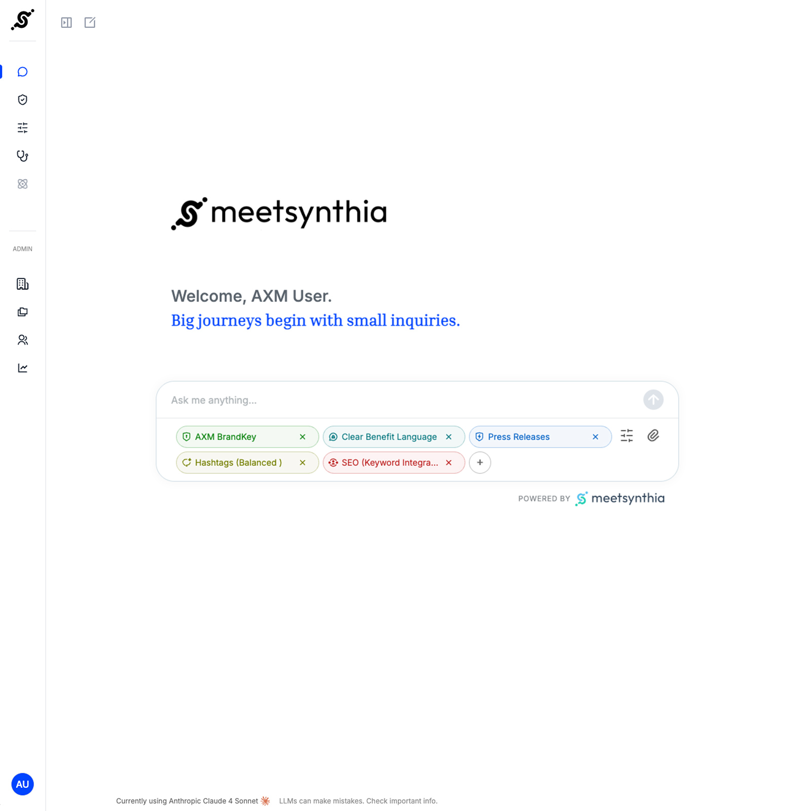 Meetsynthia interface welcome screen showing tags including AXM BrandKey, Clear Benefit Language, Press Releases, Hashtags (Balanced), and SEO (Keyword Integration).