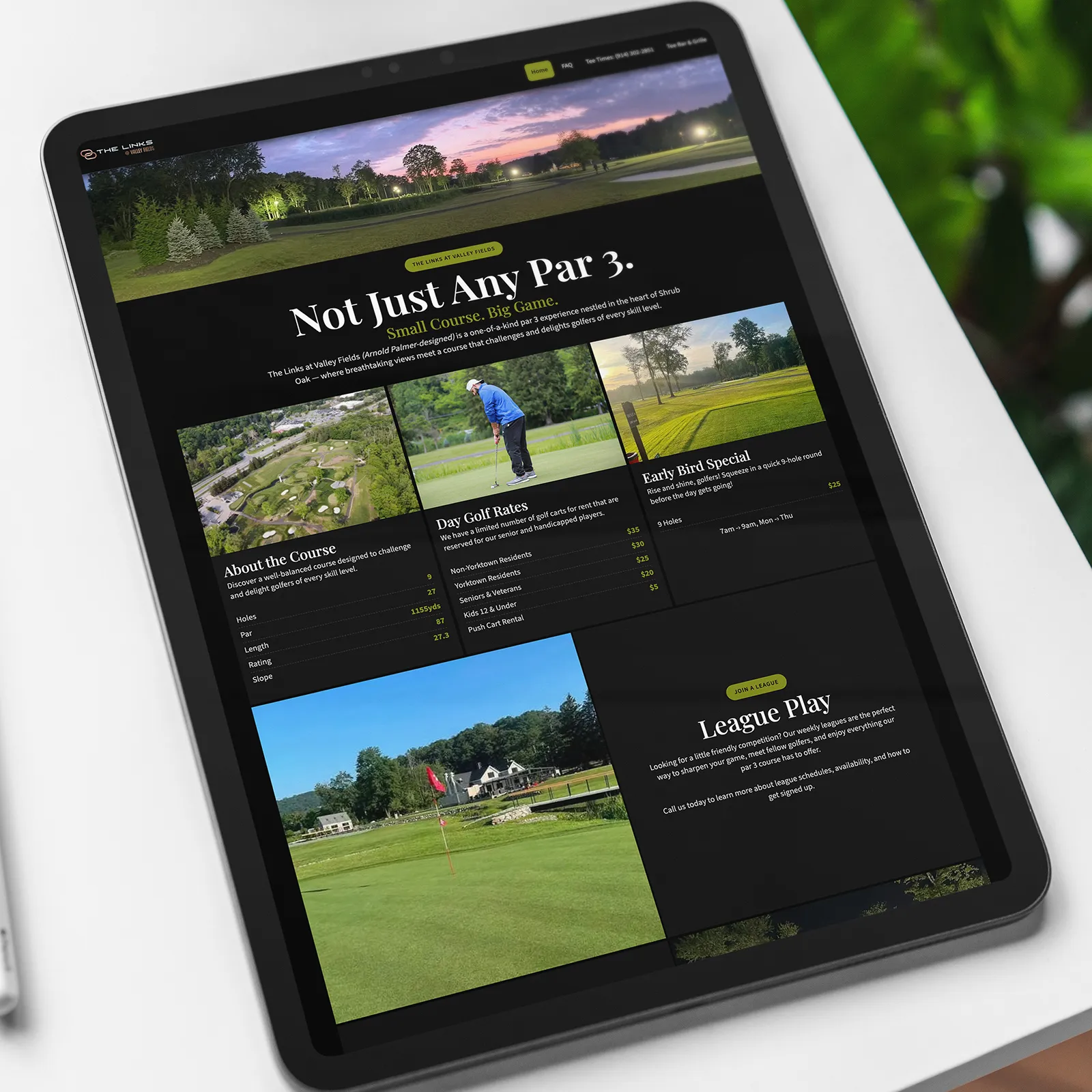Tablet screen displaying The Links at Valley Fields golf course webpage with course details, day golf rates, early bird special, and league play information.