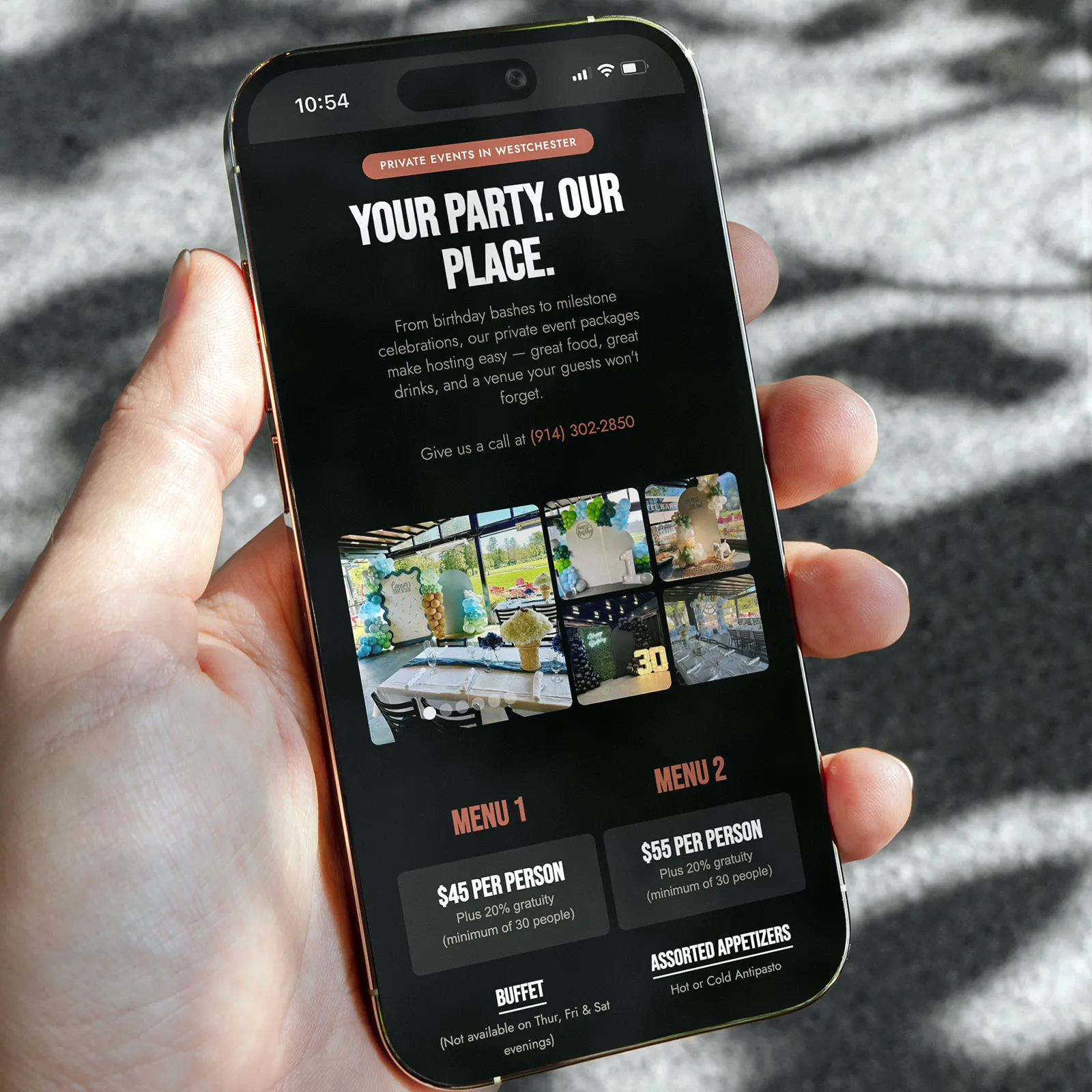 Smartphone screen showing private event party menus in Westchester with pricing and event setup photos.