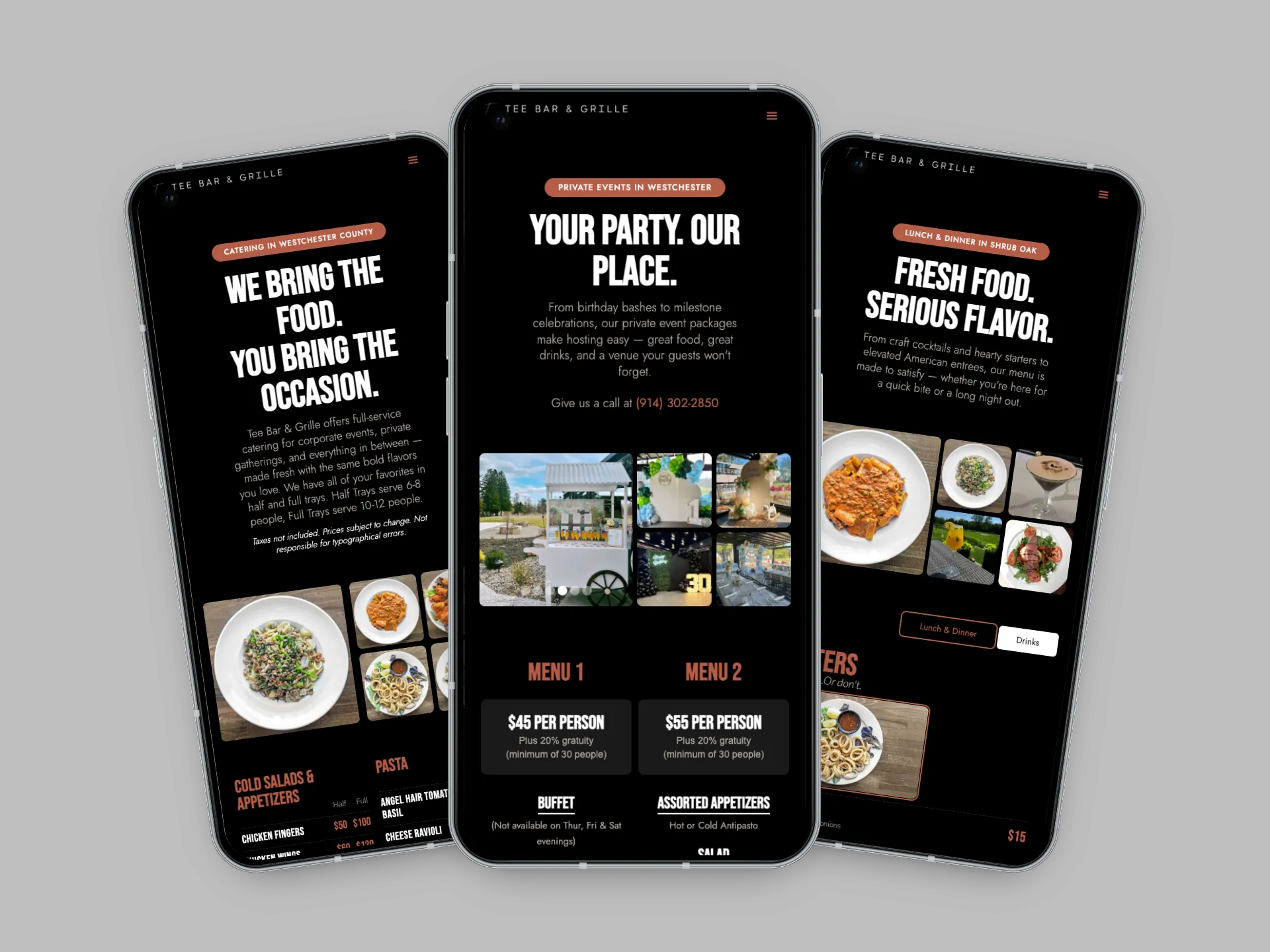 Three smartphones displaying Tee Bar & Grille catering, private events, and fresh food menu details with images of dishes and event setups.