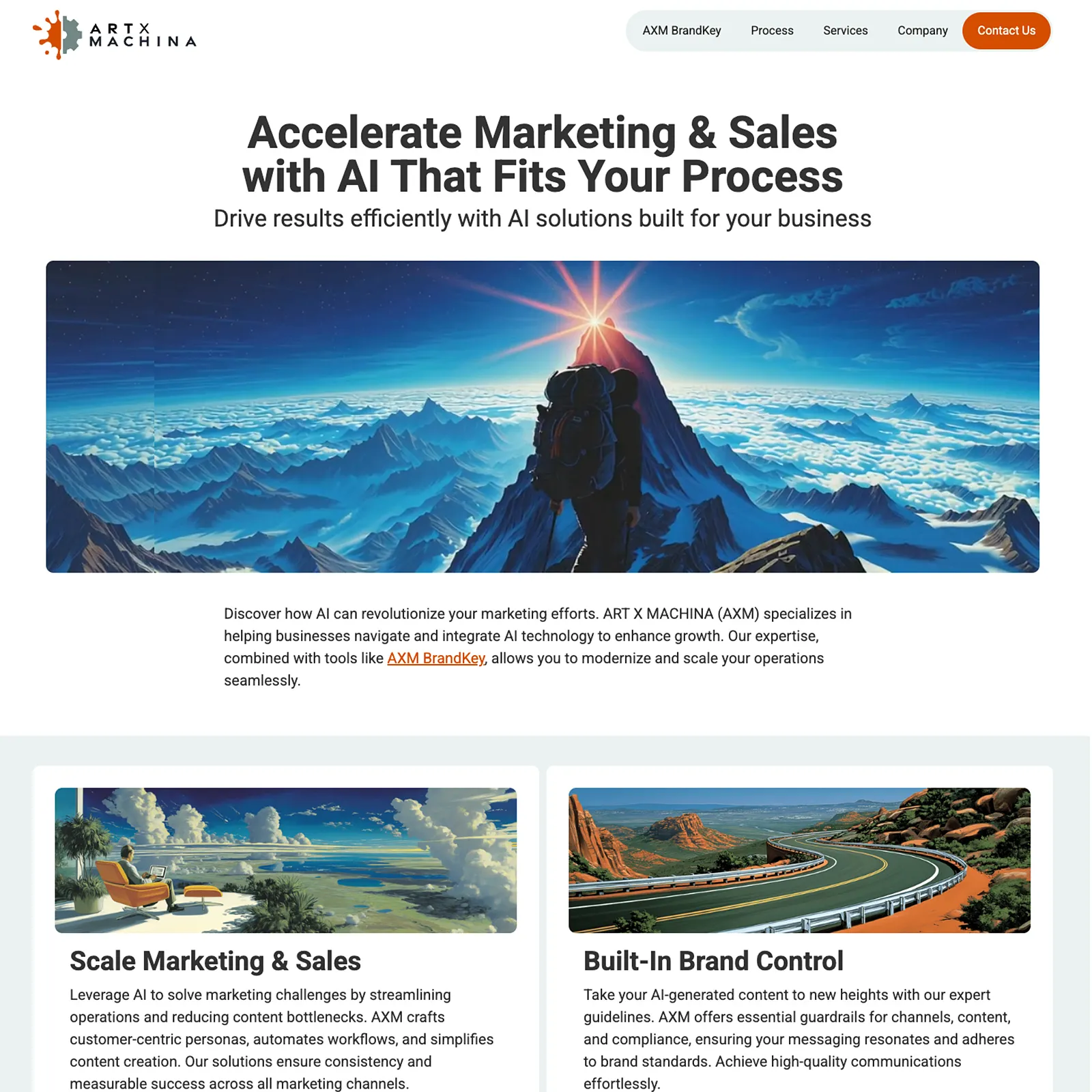 Website header with text 'Accelerate Marketing & Sales with AI That Fits Your Process' and an image of a mountain climber reaching a peak with light shining above, representing achievement and growth.