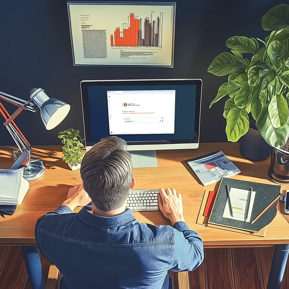 Person working at a desk with a computer displaying a chat interface, surrounded by plants, books, and a desk lamp.