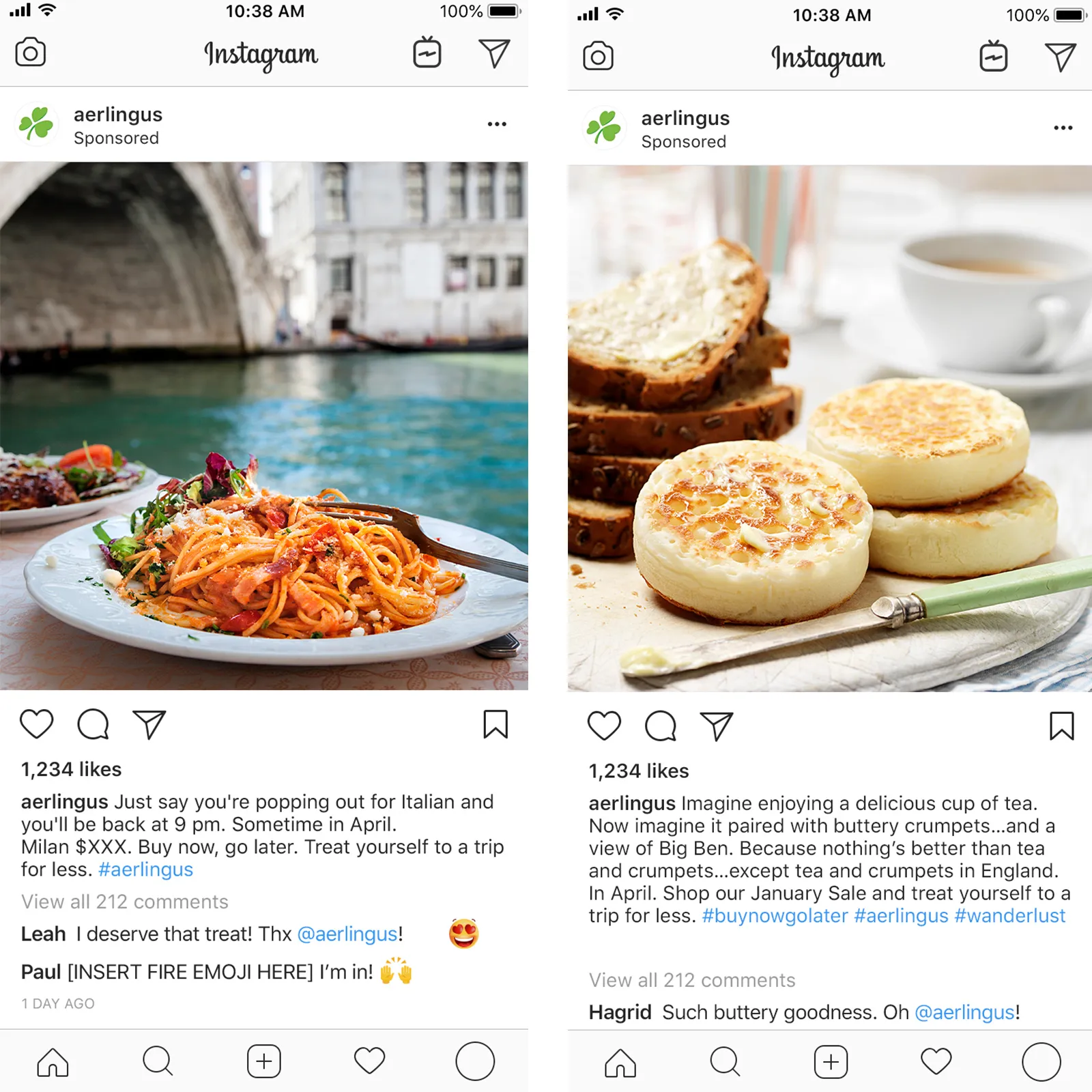 Two Instagram sponsored posts by aerlingus showing a plate of spaghetti with tomato sauce near a canal on the left, and a stack of buttery crumpets with slices of buttered bread and a cup of tea on the right.
