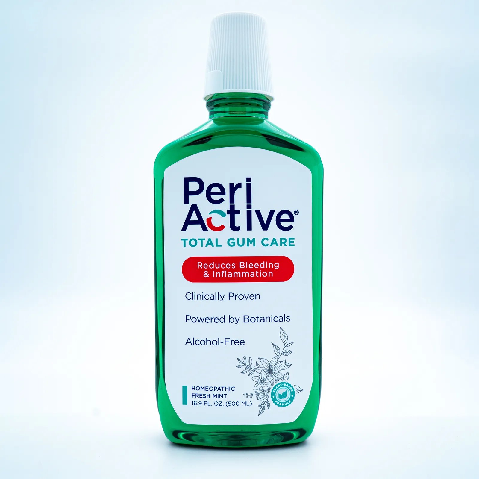 Green bottle of Peri Active Total Gum Care mouthwash, homeopathic fresh mint, alcohol-free, clinically proven, reduces bleeding and inflammation.