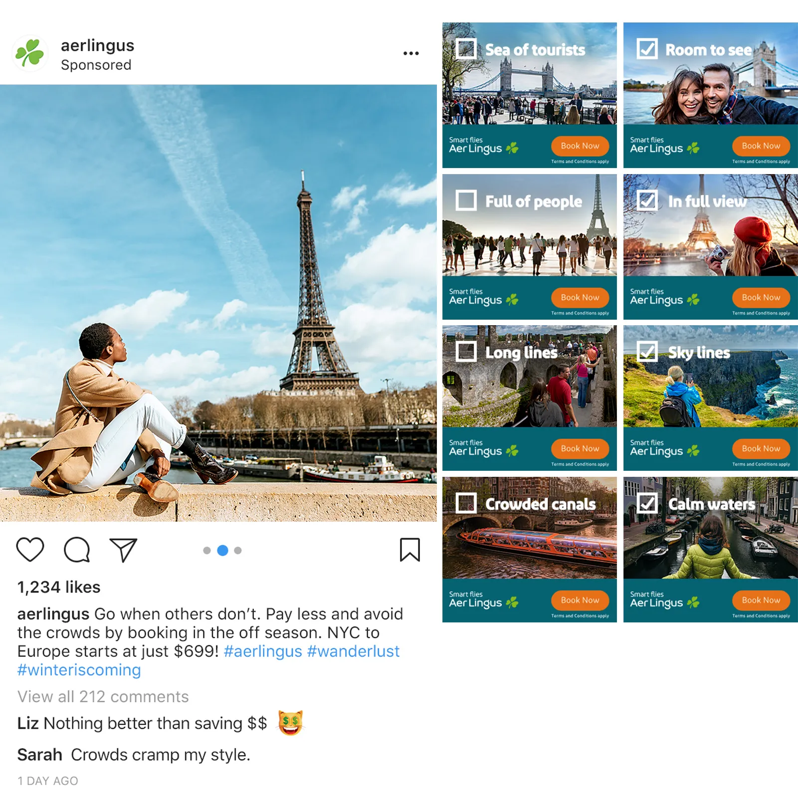 Social media post by Aer Lingus showing a person sitting by the Seine River with the Eiffel Tower in clear view, promoting less crowded travel with checkmarks on images showing 'Room to see,' 'In full view,' 'Sky lines,' and 'Calm waters.'