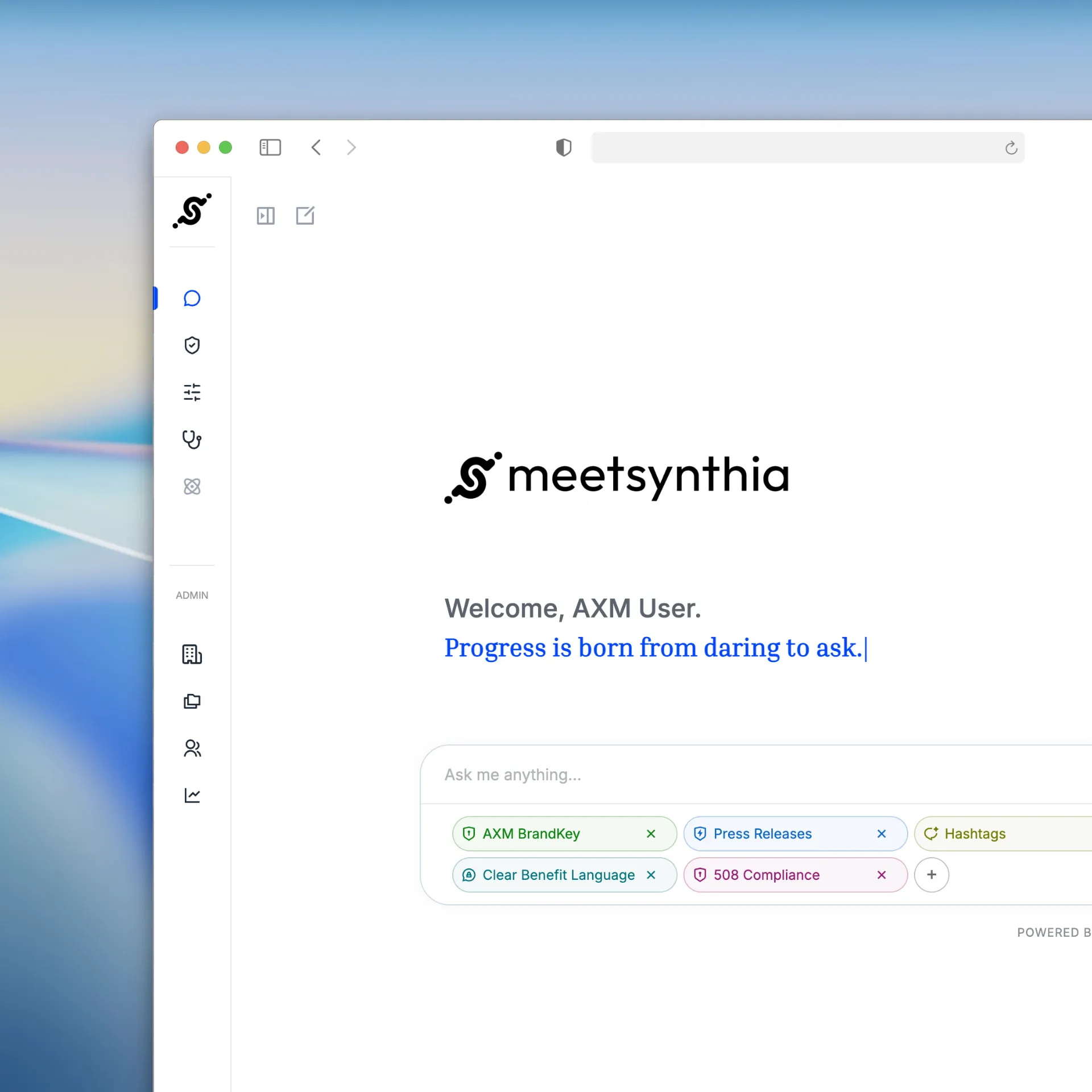 Meetsynthia platform welcome screen displaying a search bar with tags like AXM BrandKey, Press Releases, Hashtags, Clear Benefit Language, 508 Compliance.