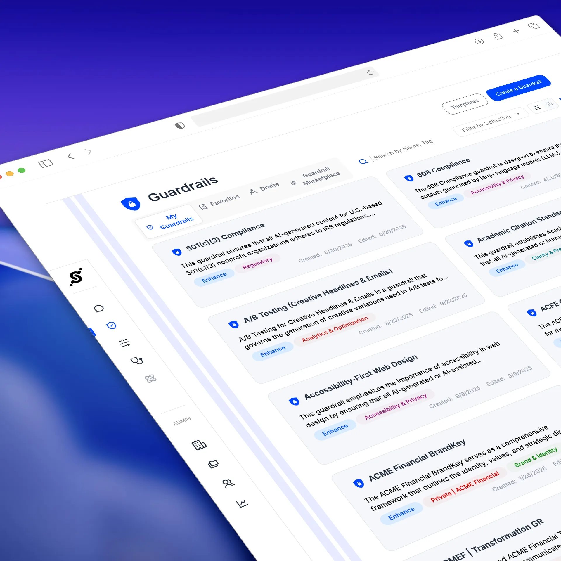 Dashboard of a Guardrails app showing compliance and optimization policies with tabs like My Guardrails, Favorites, Drafts, and Guardrail Marketplace, and multiple guardrail cards with tags like Regulatory and Accessibility.