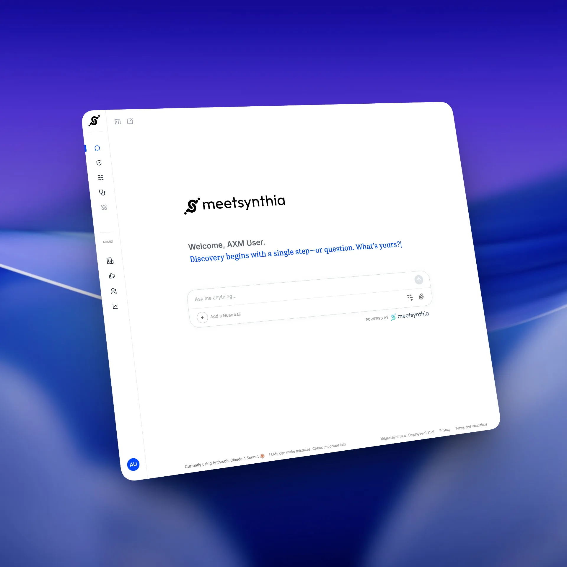 Meetsynthia AI interface welcoming AXM User with a search bar inviting to ask a question, on a blurred blue gradient background.