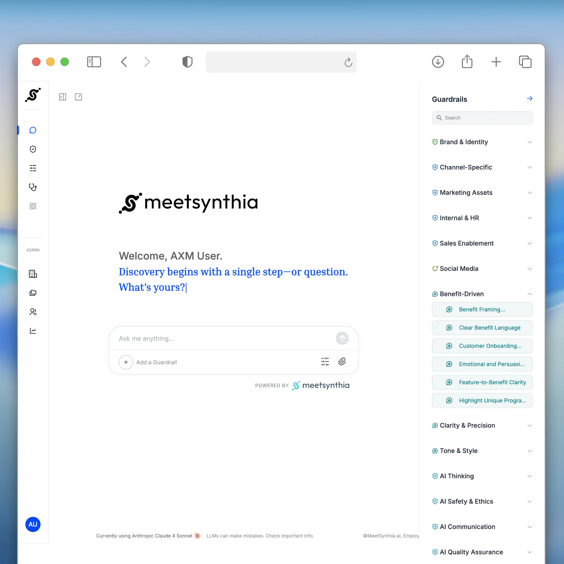 Meetsynthia interface showing a welcome message to AXM User and a prompt for discovery question, with sidebar menu of guardrails categories.