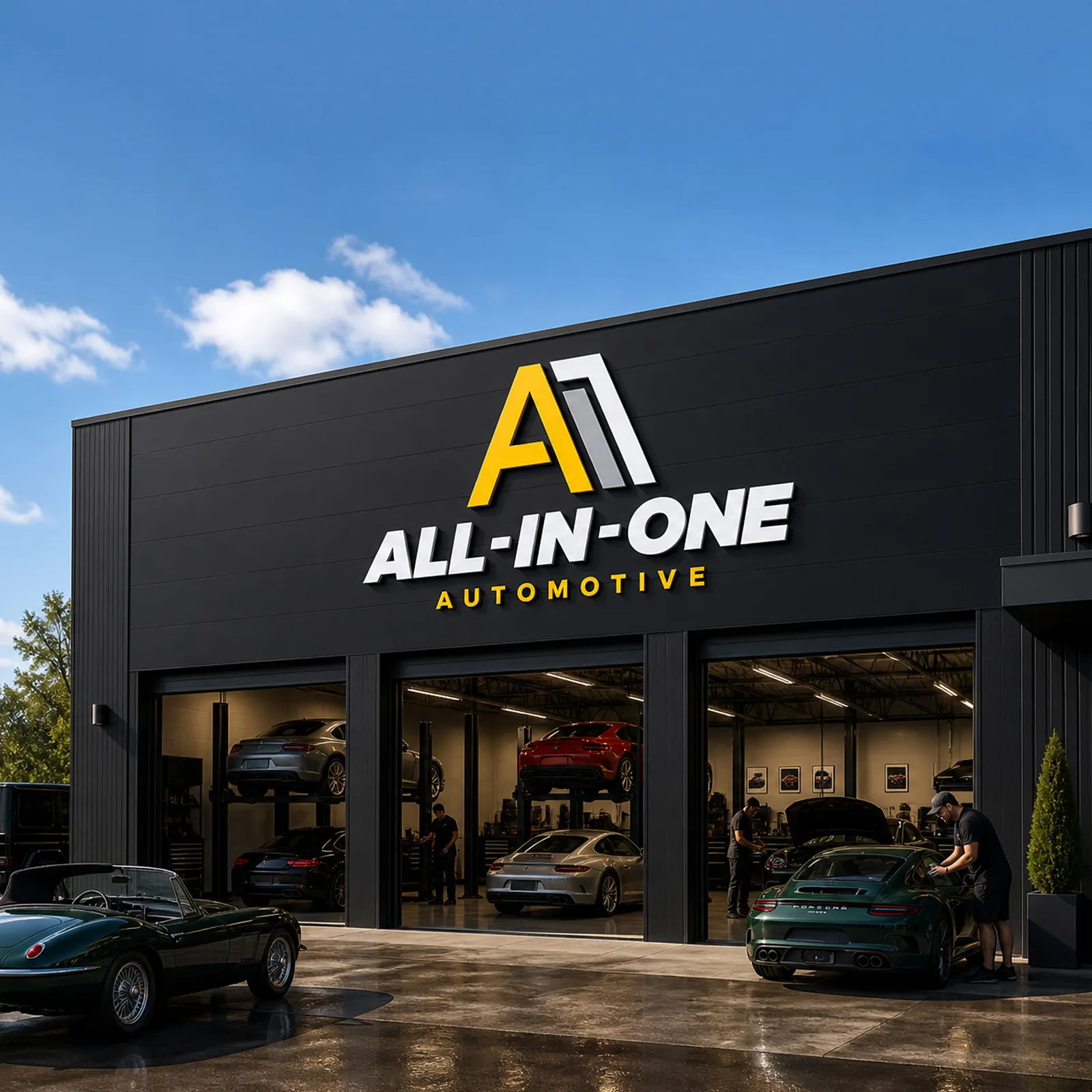 Black automotive service building with yellow and white All-In-One Automotive sign and sports cars being serviced inside and outside.