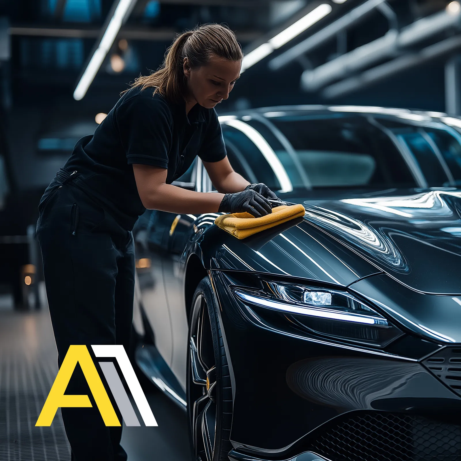 Woman wearing black gloves cleaning the hood of a shiny black luxury car with a yellow cloth in a garage.
