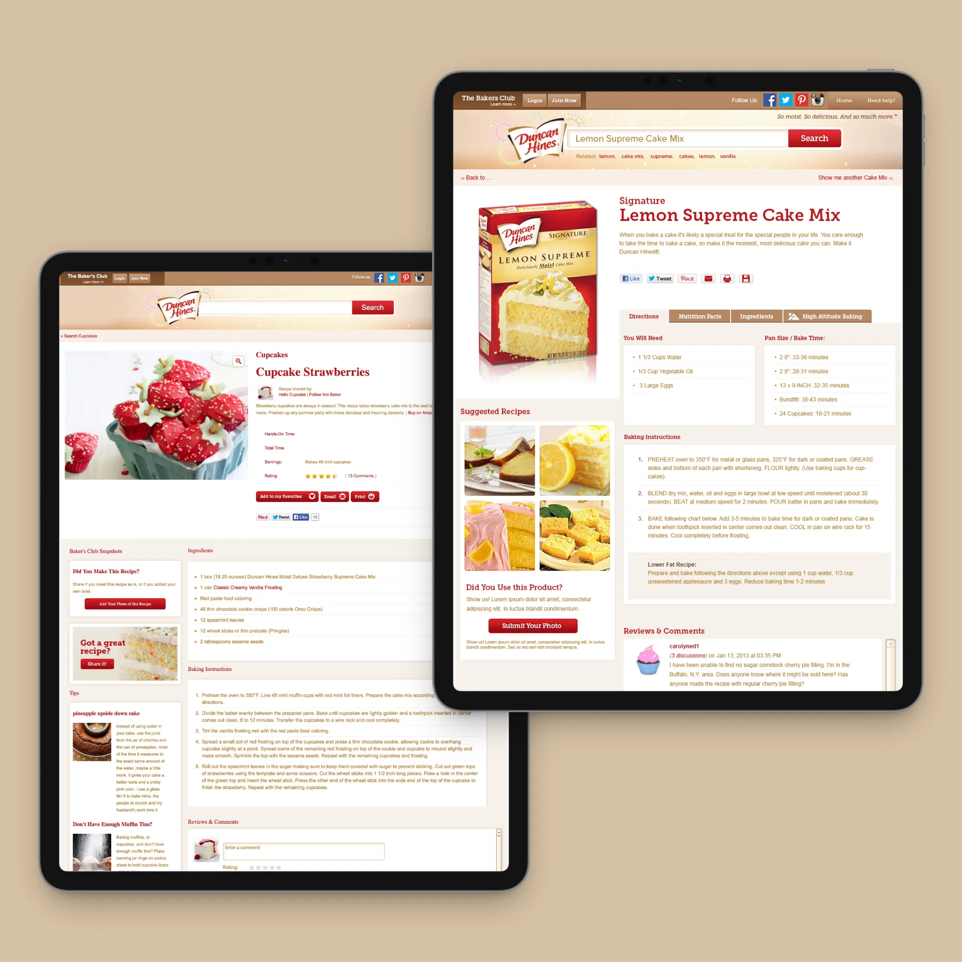 Two tablet screens show Duncan Hines recipe pages for Cupcake Strawberries and Lemon Supreme Cake Mix.