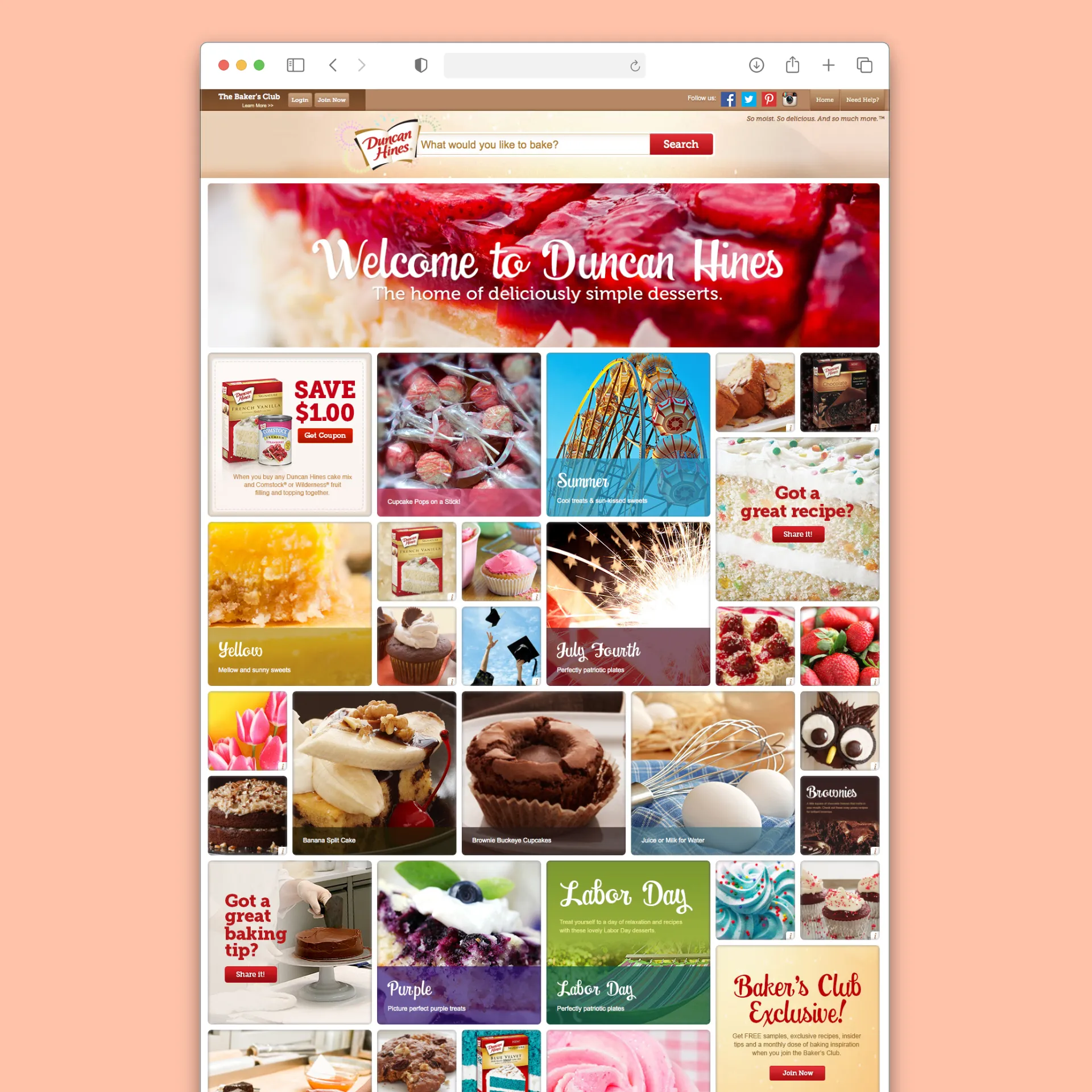 Duncan Hines baking website homepage with dessert images, recipes, and seasonal baking themes.