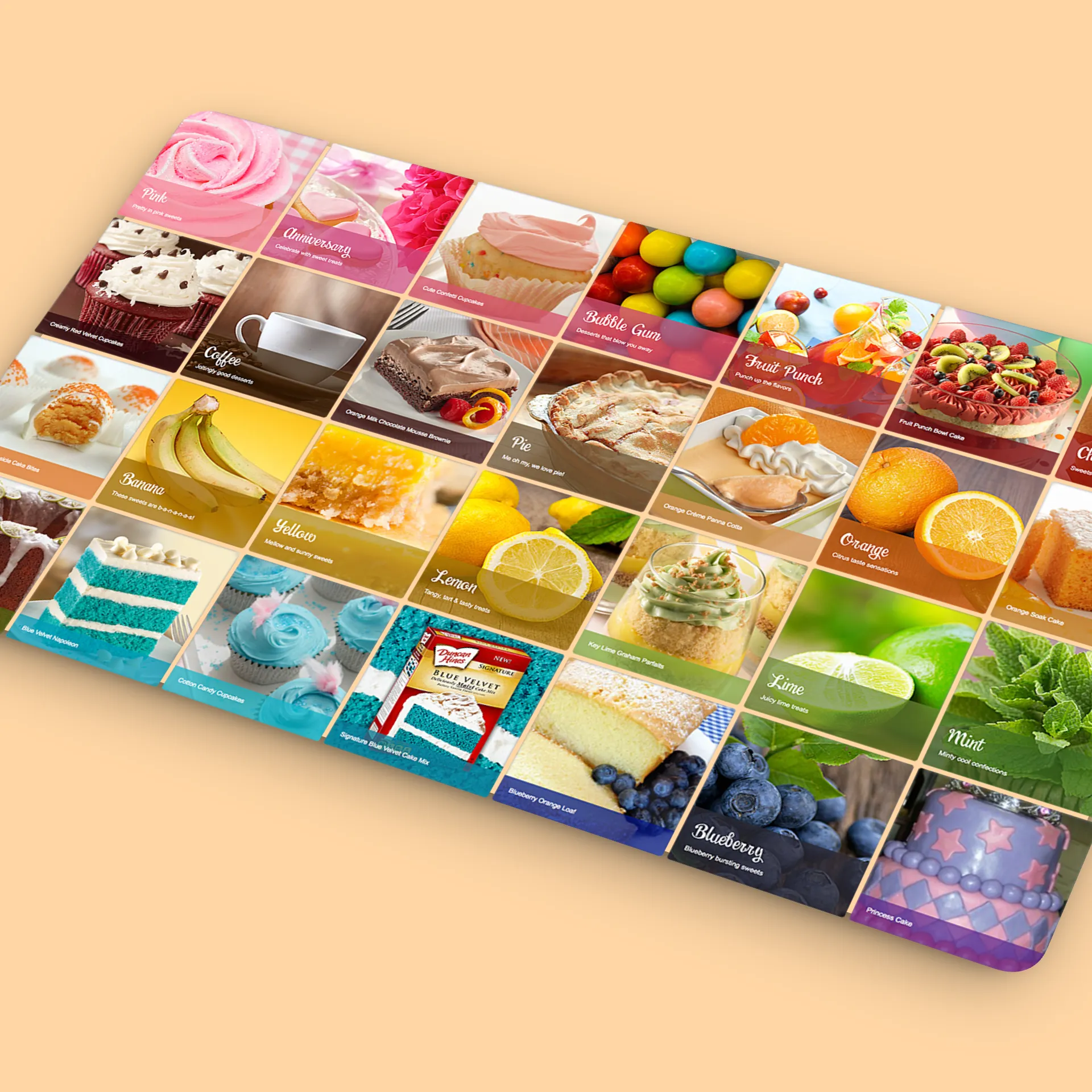 Collage of colorful dessert and fruit images with labels like Pink, Coffee, Banana, Lemon, Lime, Blueberry, and Mint.