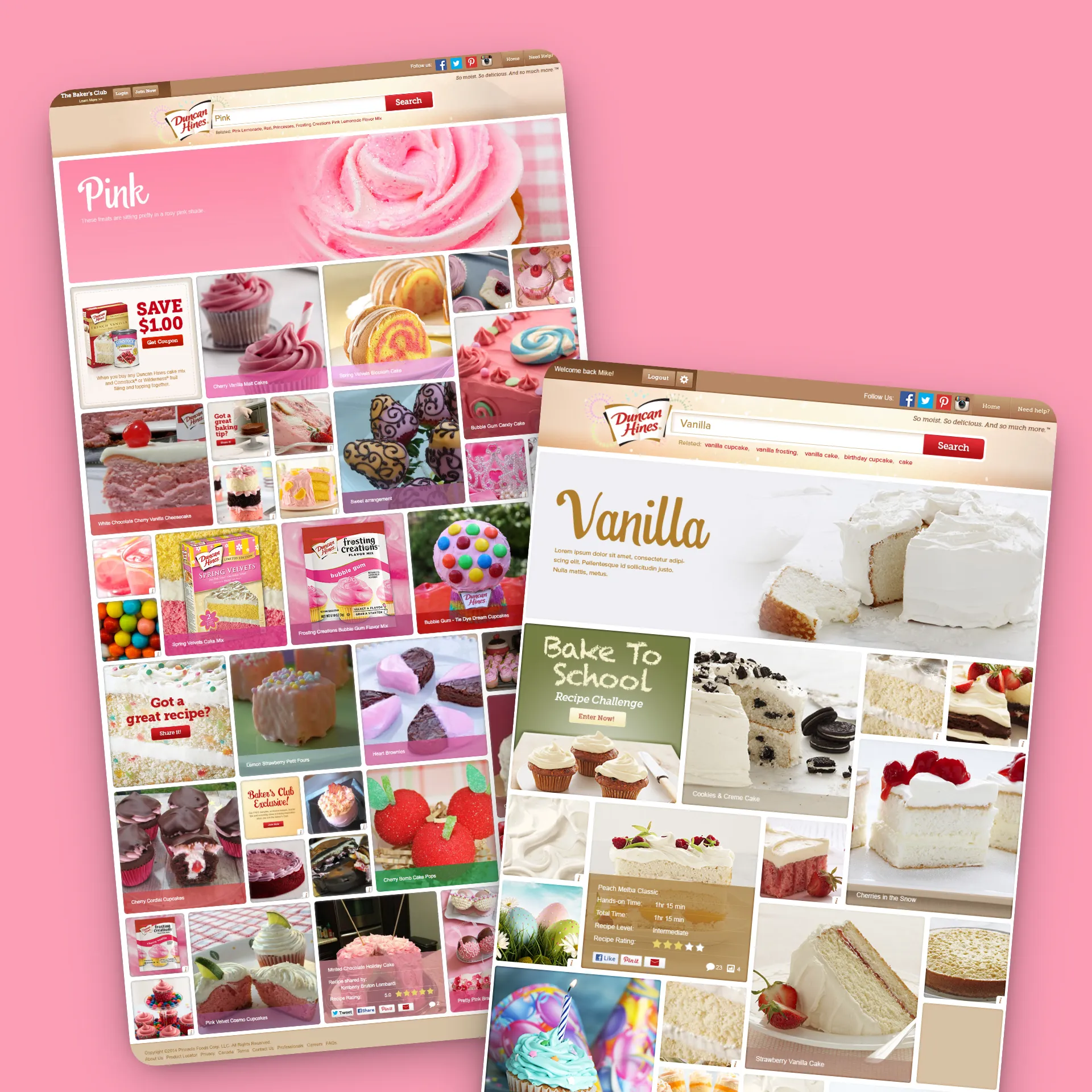 Two tilted Duncan Hines recipe web pages showing pink and vanilla cake images and related baking products.