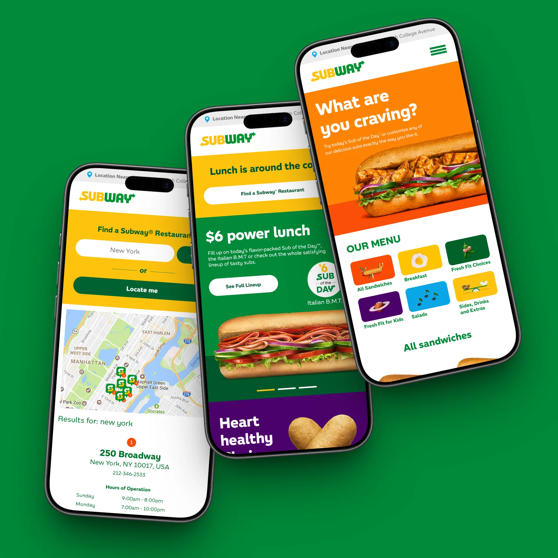Three smartphones displaying Subway app screens with menu, lunch deals, and restaurant locator.