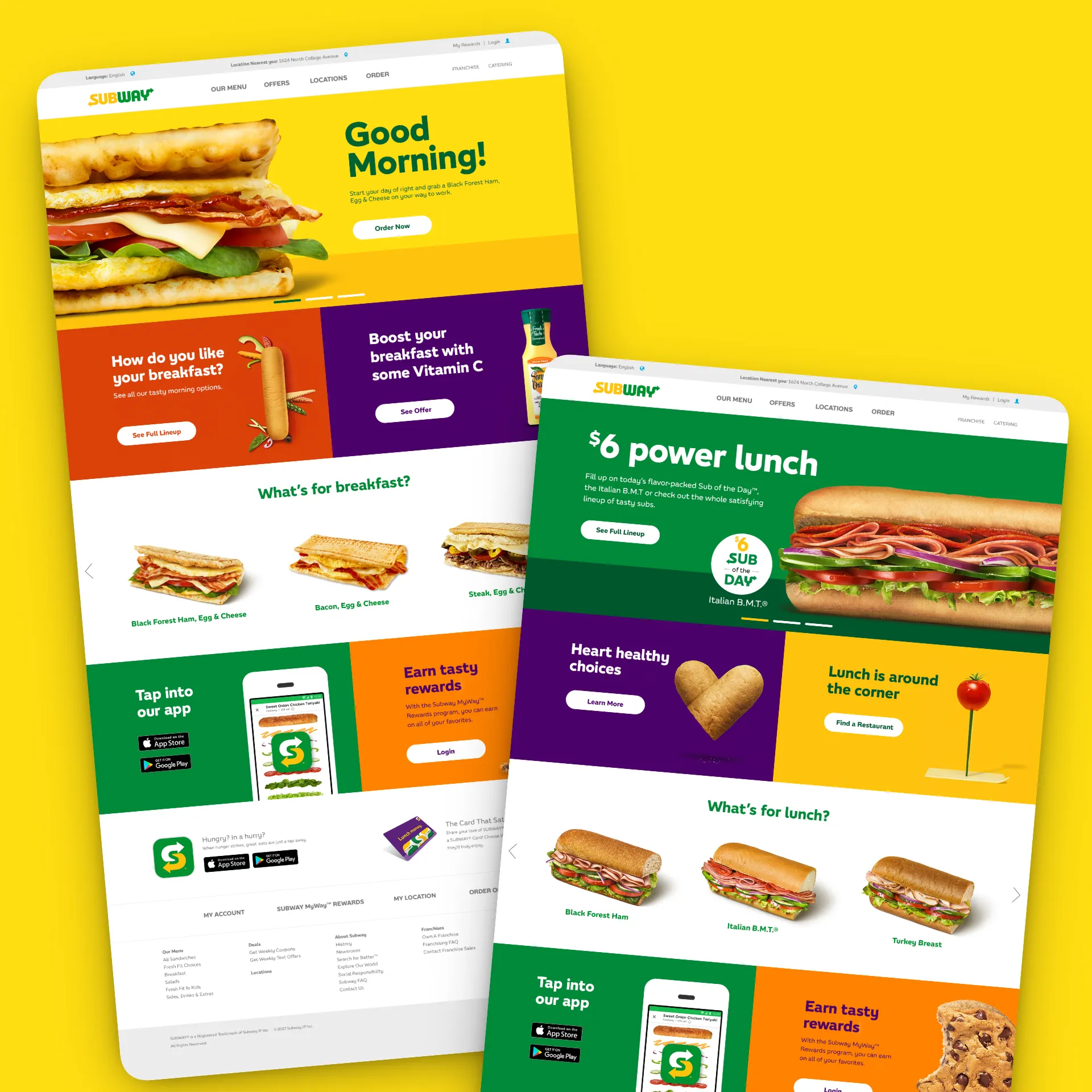 Subway website screenshots showing breakfast and $6 power lunch menu with sandwiches and app promotion.