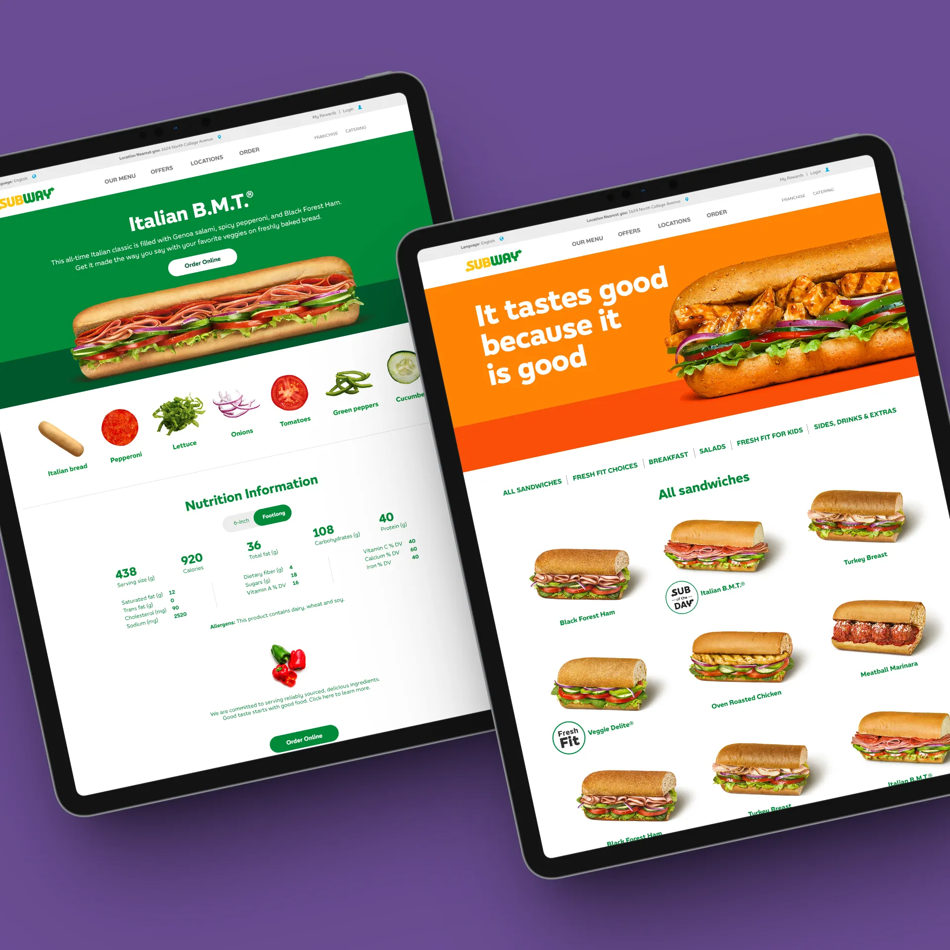 Two tablets showing Subway sandwich menu and nutrition info for Italian B.M.T. sandwich with toppings.