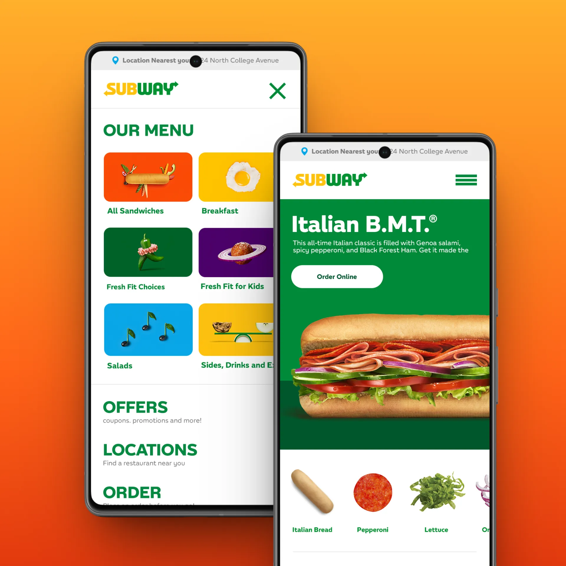 Two phones showing Subway menu categories and an Italian B.M.T. sandwich with ingredients and order button.