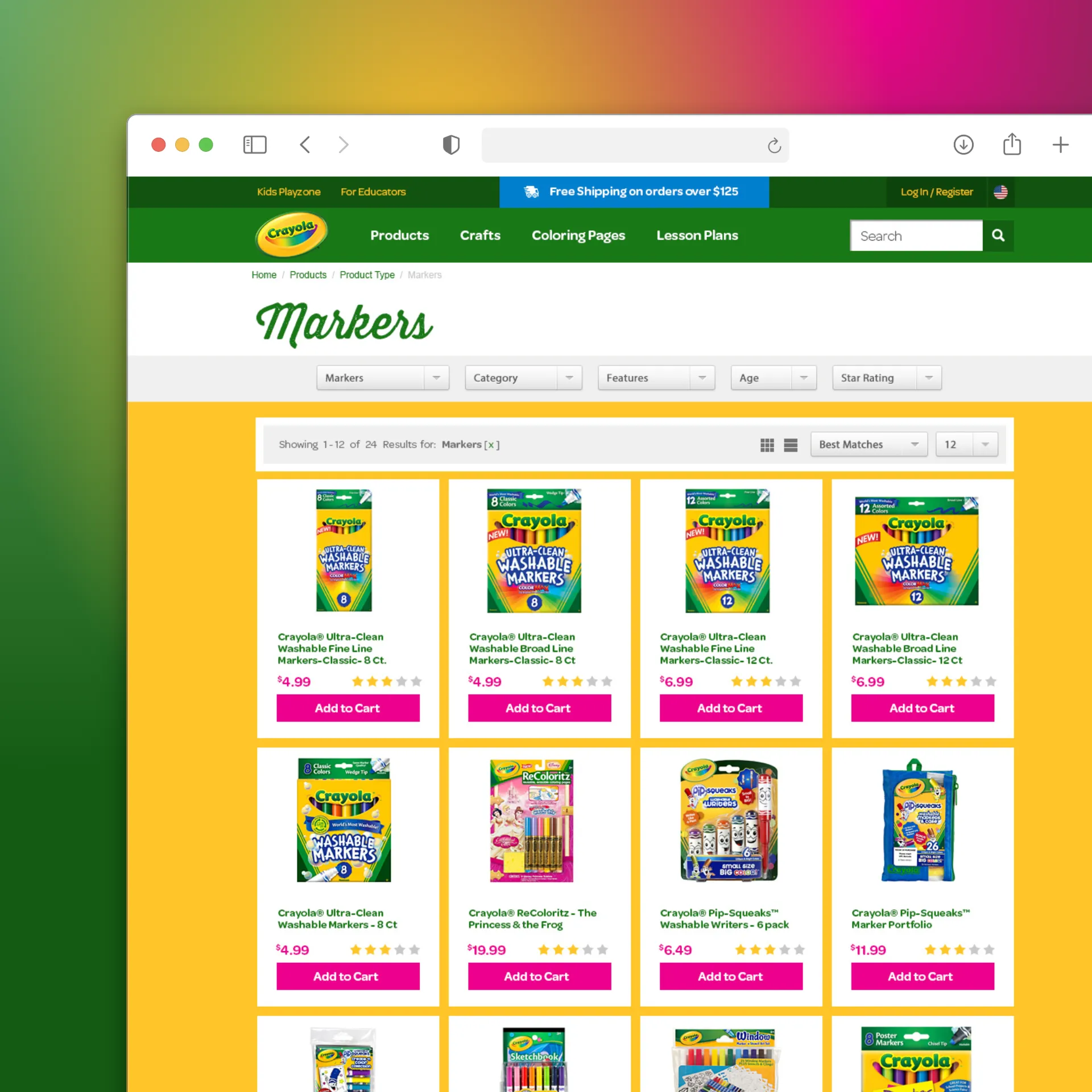 Crayola online store page showing various marker products with prices and add to cart buttons.