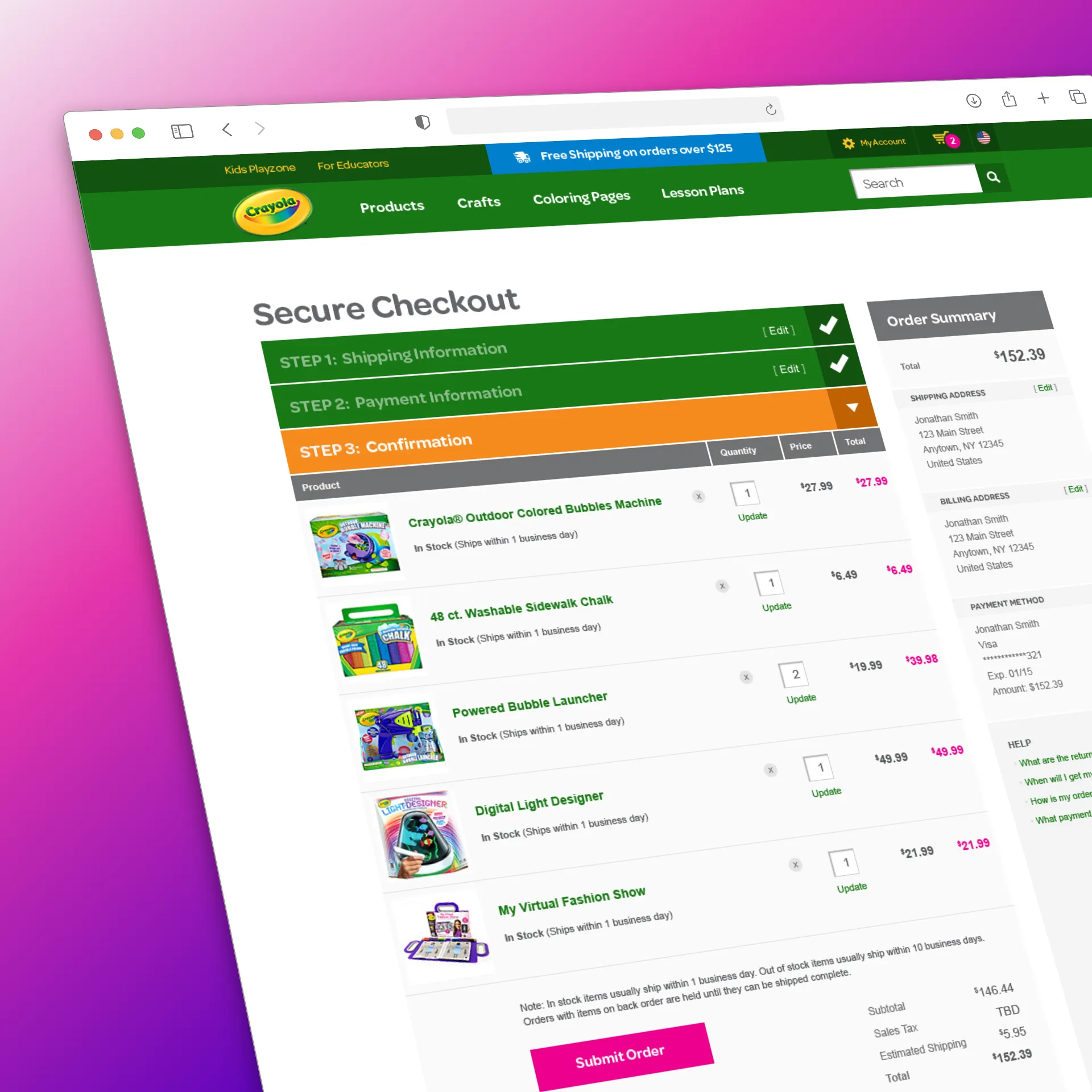 Crayola secure checkout page showing order with six art products and total $152.39.