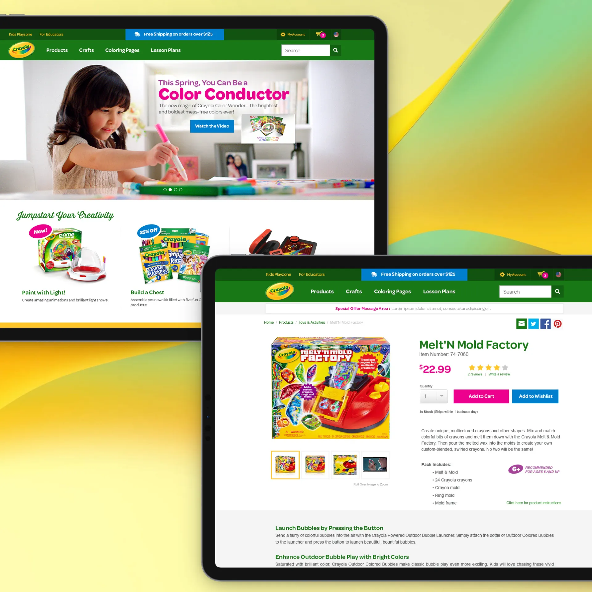 Two tablets showing Crayola website pages with kids' art products and a girl using a pink marker.