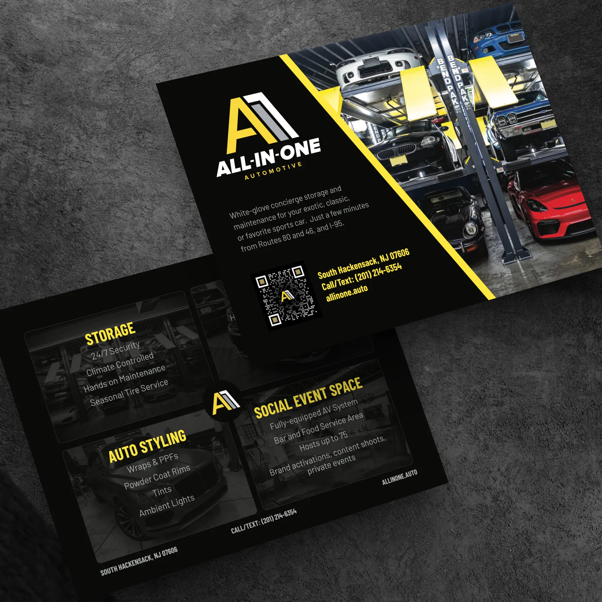 Flyer for All-In-One Automotive showing luxury cars in storage and listing services like storage, styling, and event space.