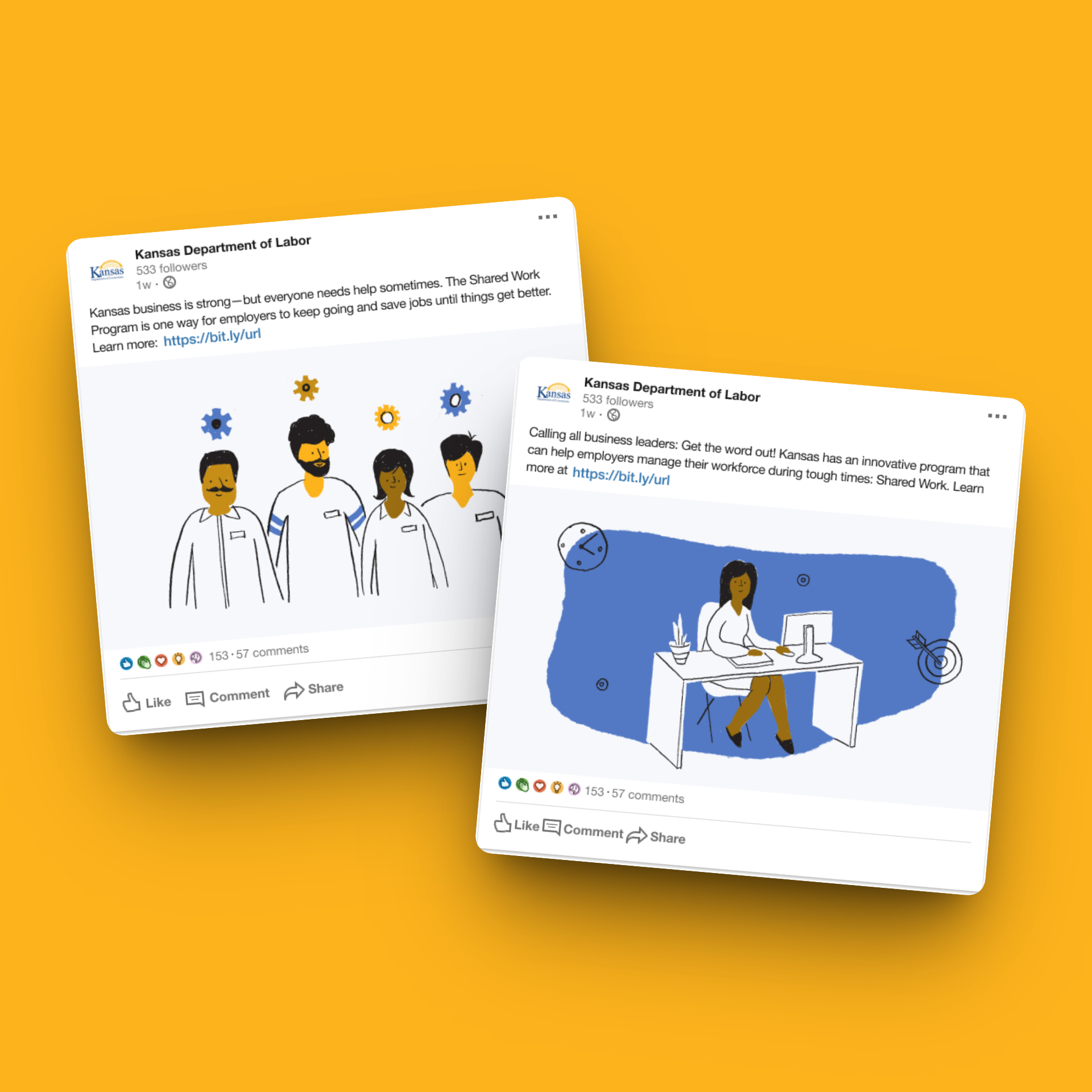 Two LinkedIn posts from Kansas Dept of Labor show business workers and a woman at a desk promoting shared work programs.