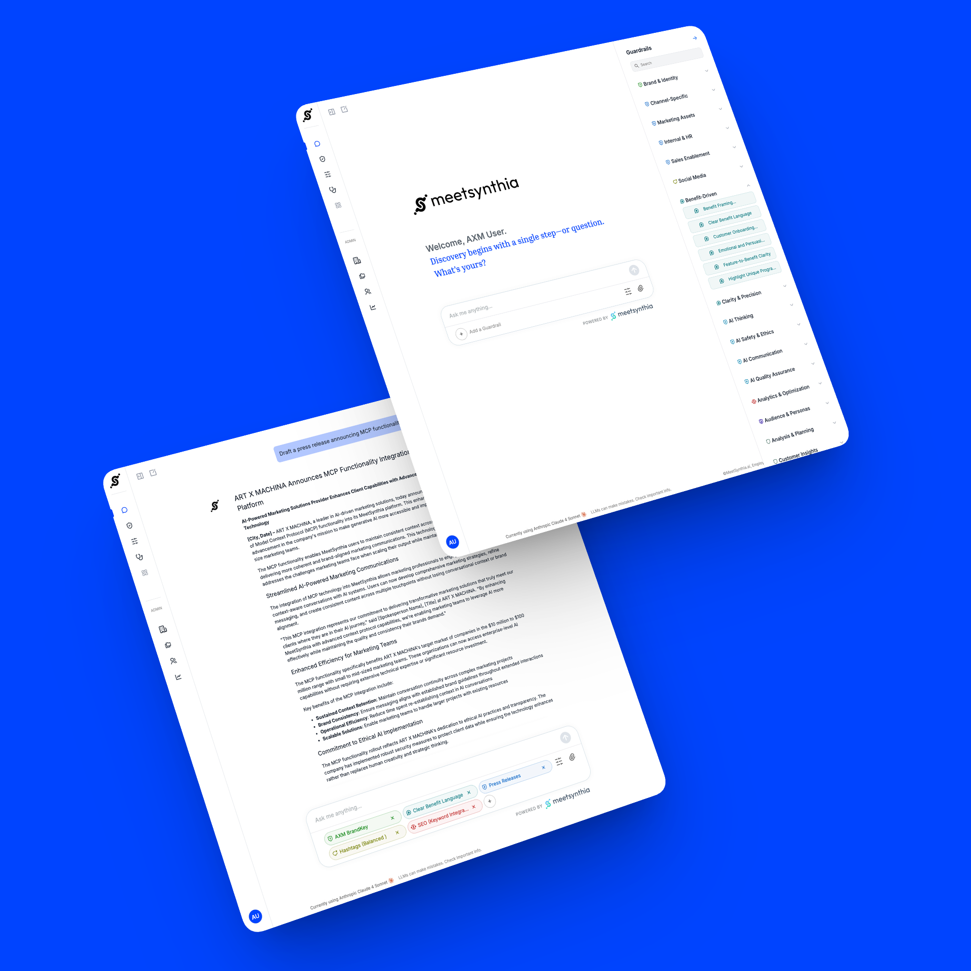 Screenshots of meetsynthia software showing a search query interface and a press release draft editor.
