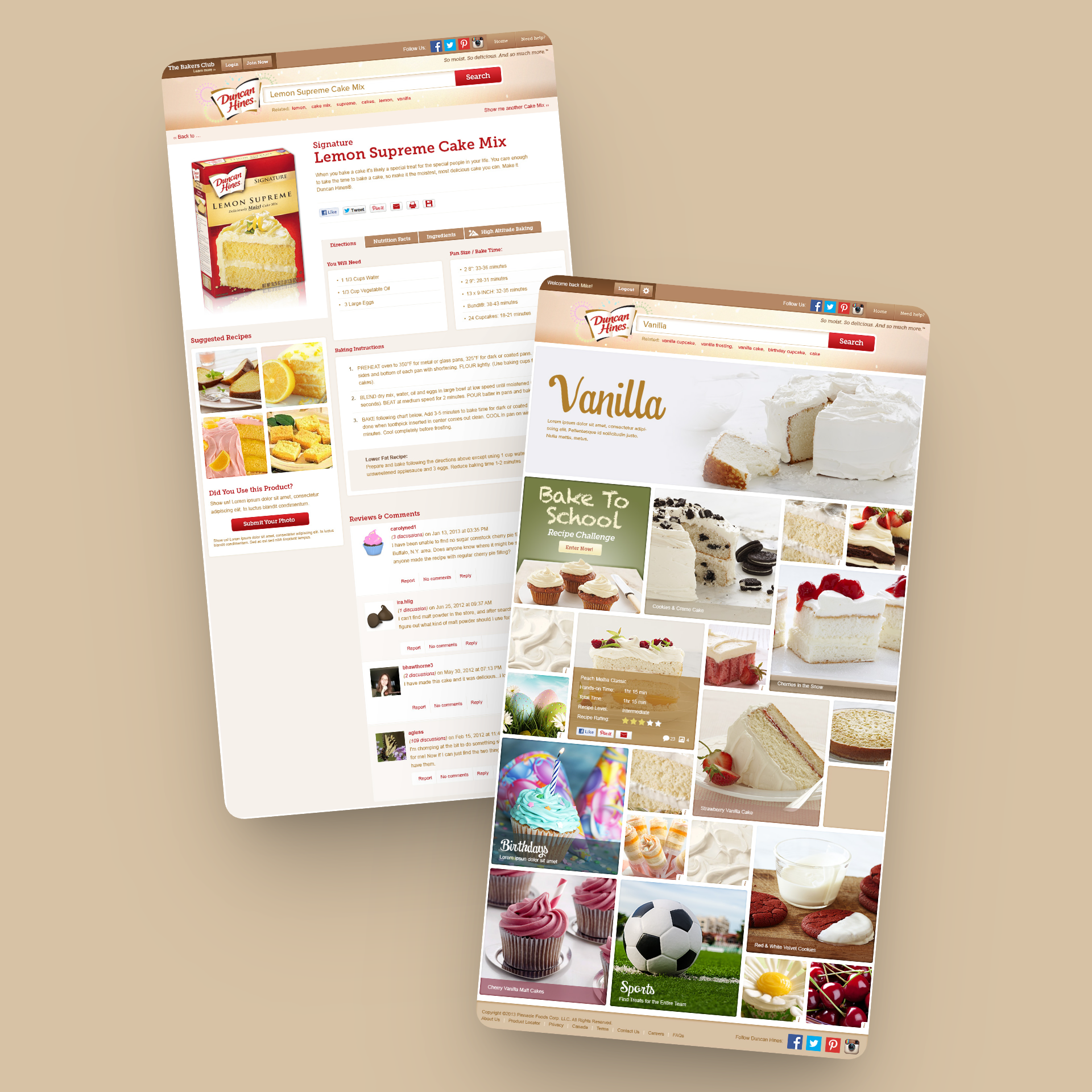 Screenshots of Duncan Hines cake mix web pages featuring Lemon Supreme and Vanilla cake recipes.