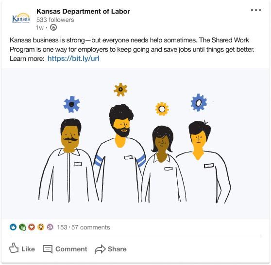 Illustration of four diverse workers with gear icons above their heads symbolizing support and shared work.