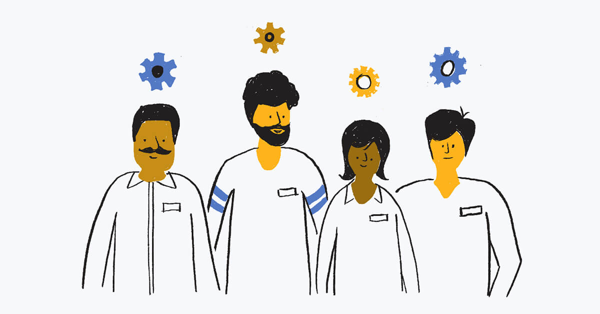 Illustration of four diverse people with gears above their heads representing teamwork or ideas.