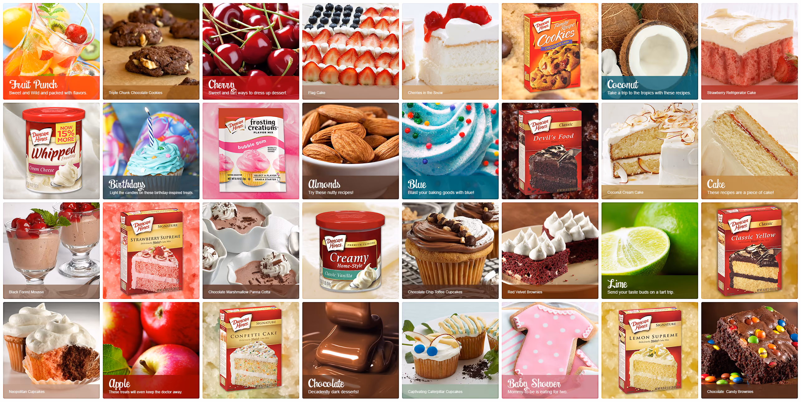 Grid of assorted Duncan Hines cakes, frostings, cupcakes, and featured ingredients like cherries and almonds.