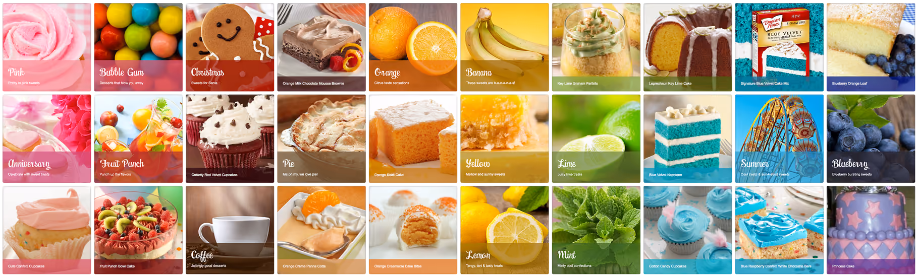 Grid of colorful dessert images with labels like Pink, Bubble Gum, Christmas, Orange, Banana, Lime, and Blueberry.