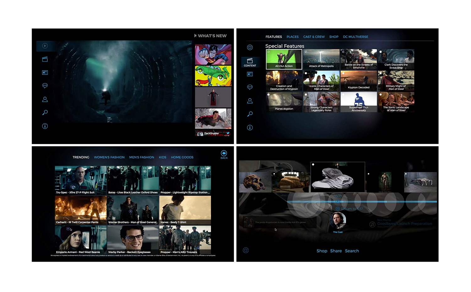 Four dark user interface screens showing videos, special features, shopping, and a media navigation menu.