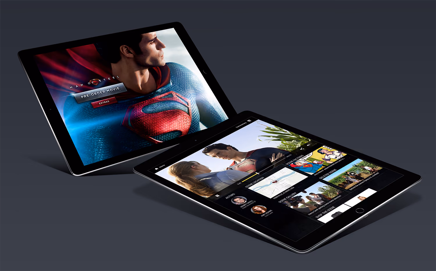 Two tablets display scenes from Man of Steel, one with Superman image and preorder button, the other showing video player.
