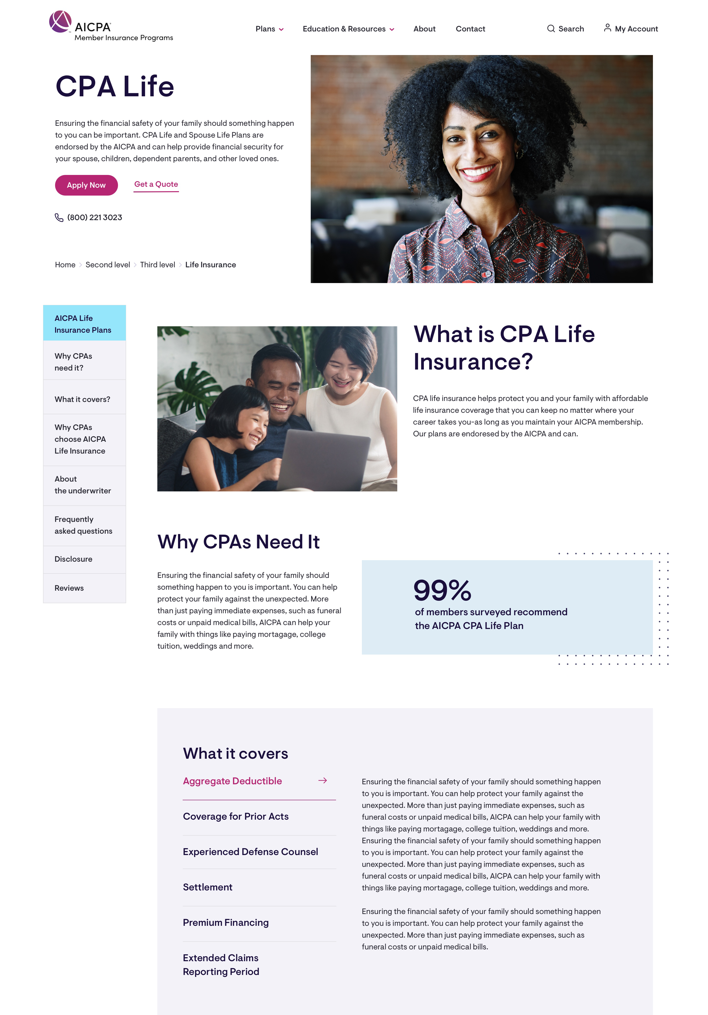 Website page for AICPA Member Insurance Programs showing CPA Life insurance details and happy people images.