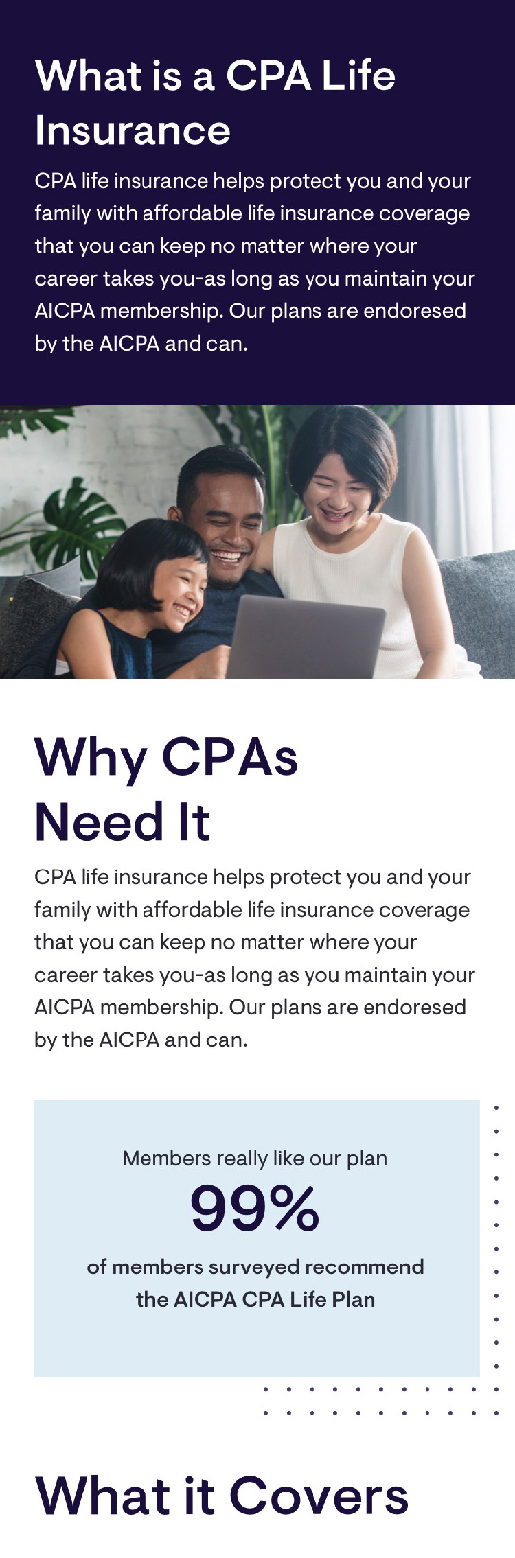 Smiling family of three looking at a laptop, with text about CPA life insurance coverage and member satisfaction.