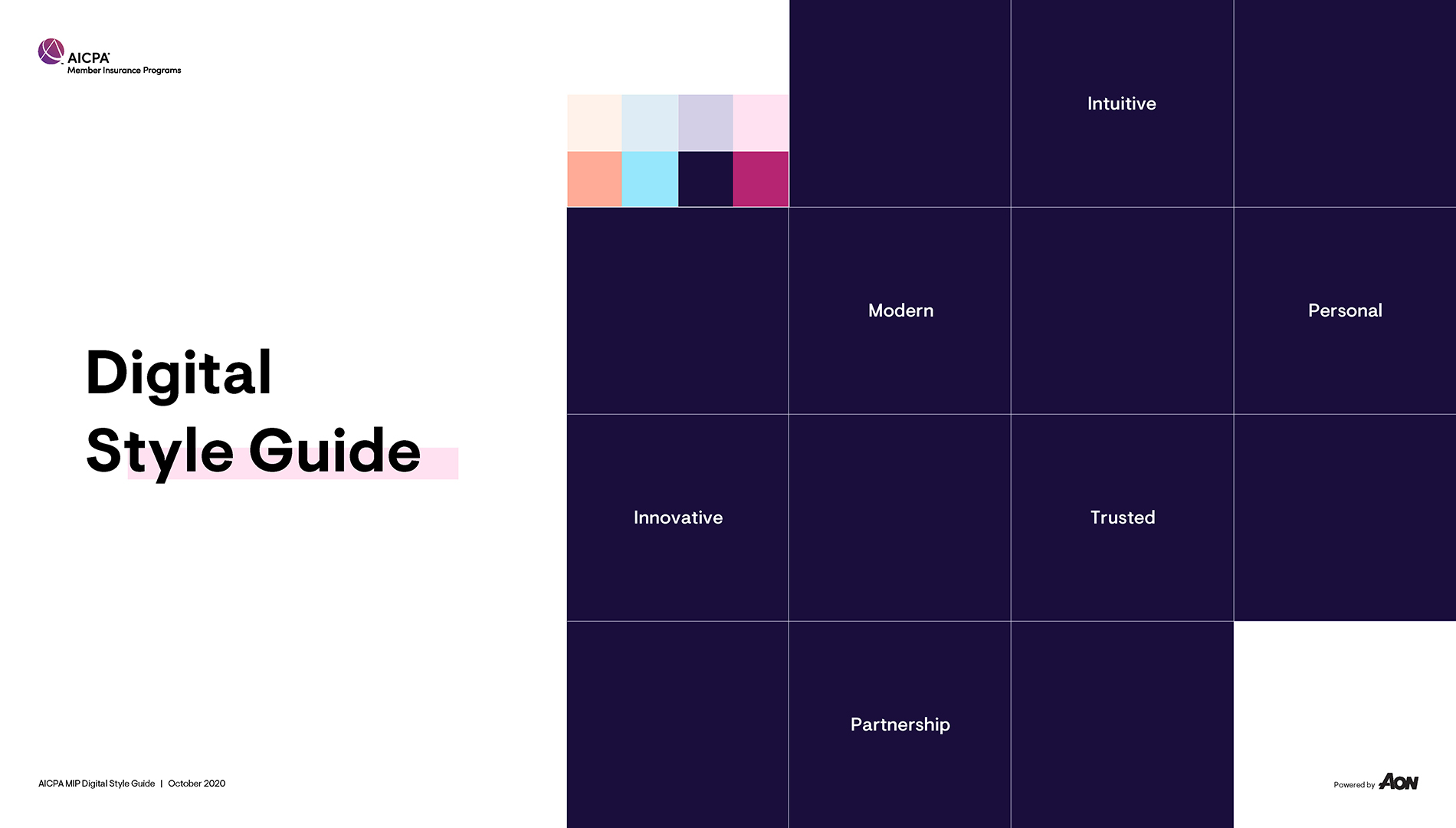 Page titled Digital Style Guide with color palette and words: Intuitive, Modern, Personal, Innovative, Trusted, Partnership.
