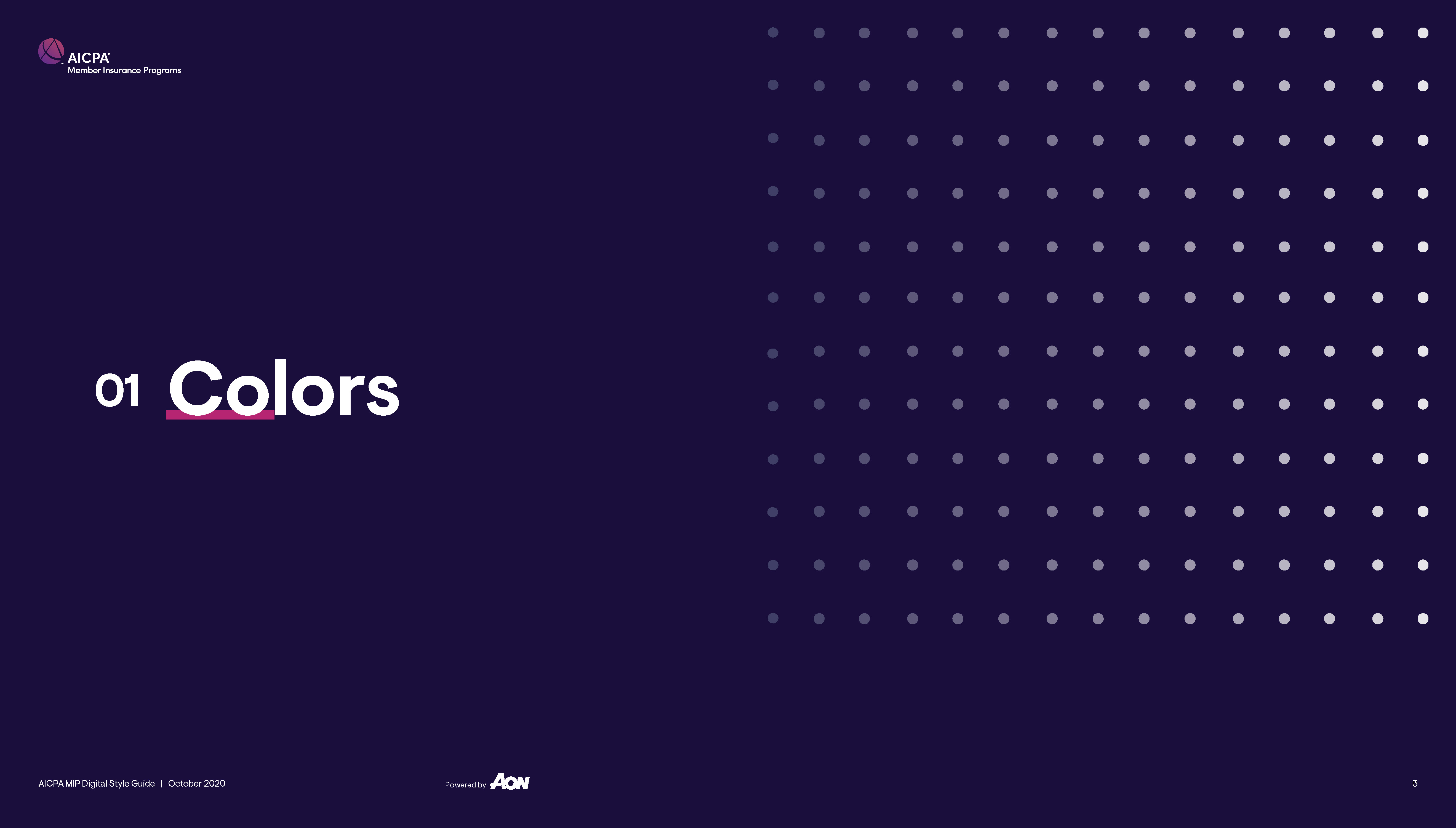 Dark purple slide titled '01 Colors' with AICPA logo and dotted gradient pattern on right side.