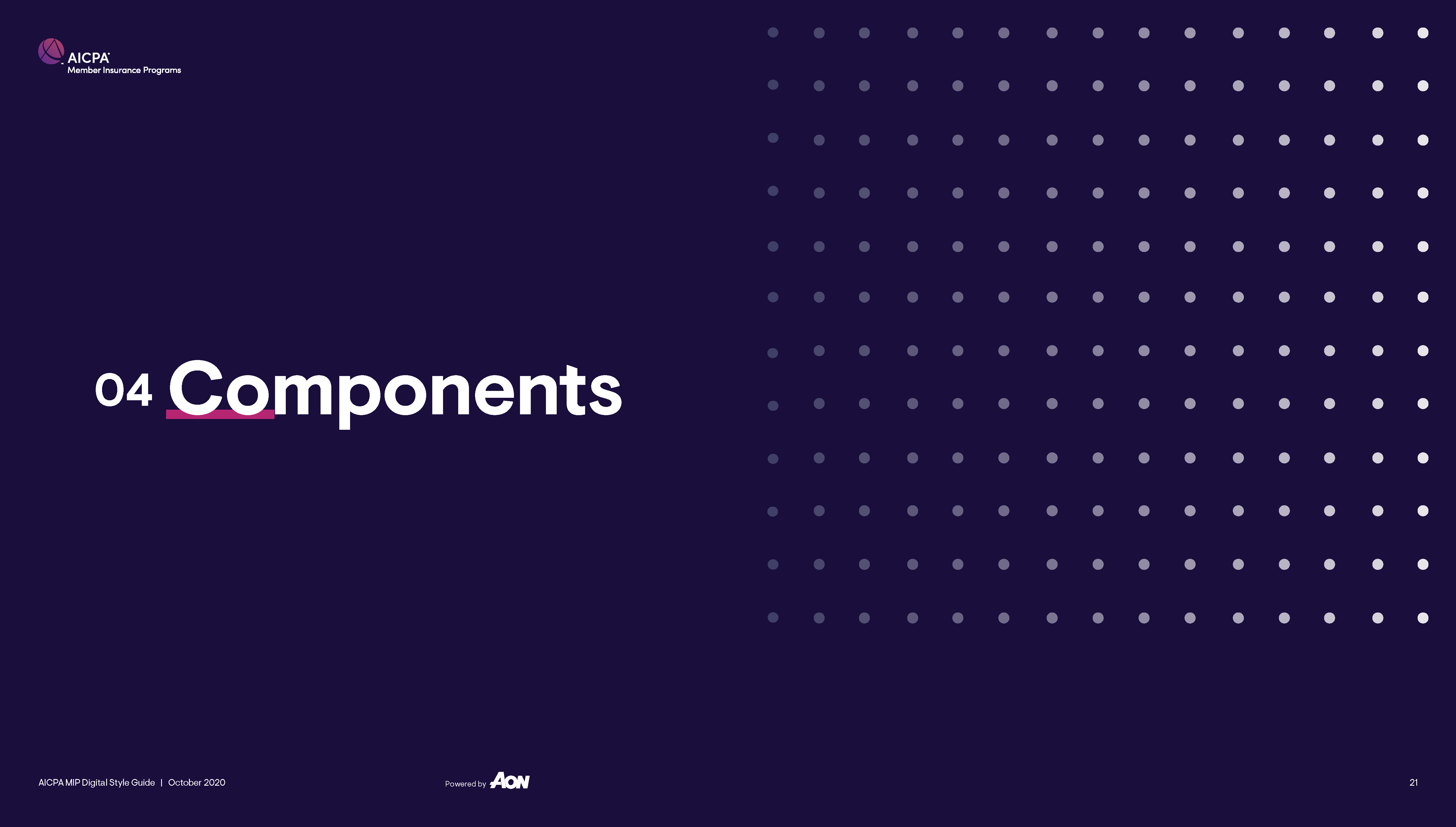 Dark slide with AICPA logo and large text reading '04 Components' with dotted pattern on right.