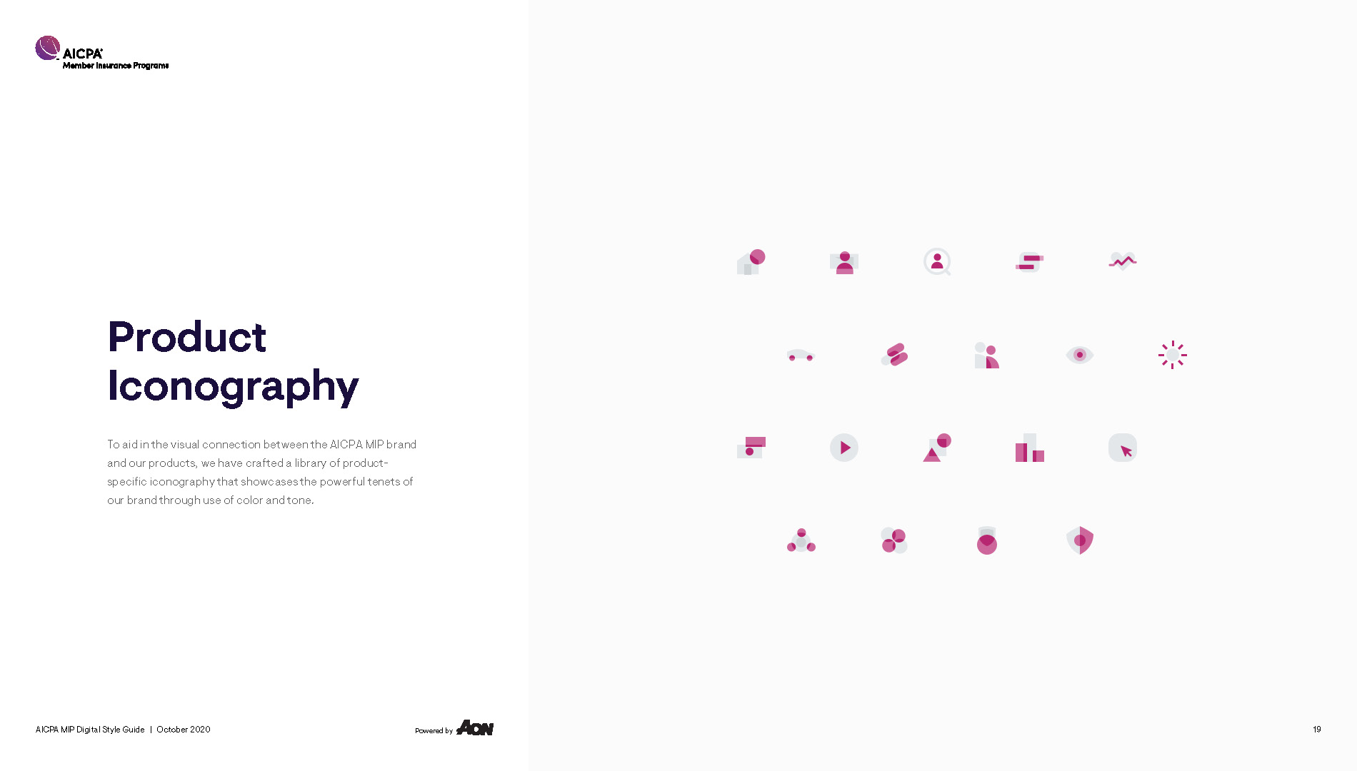 Page titled Product Iconography with 20 small magenta and gray product icons in a grid on right.