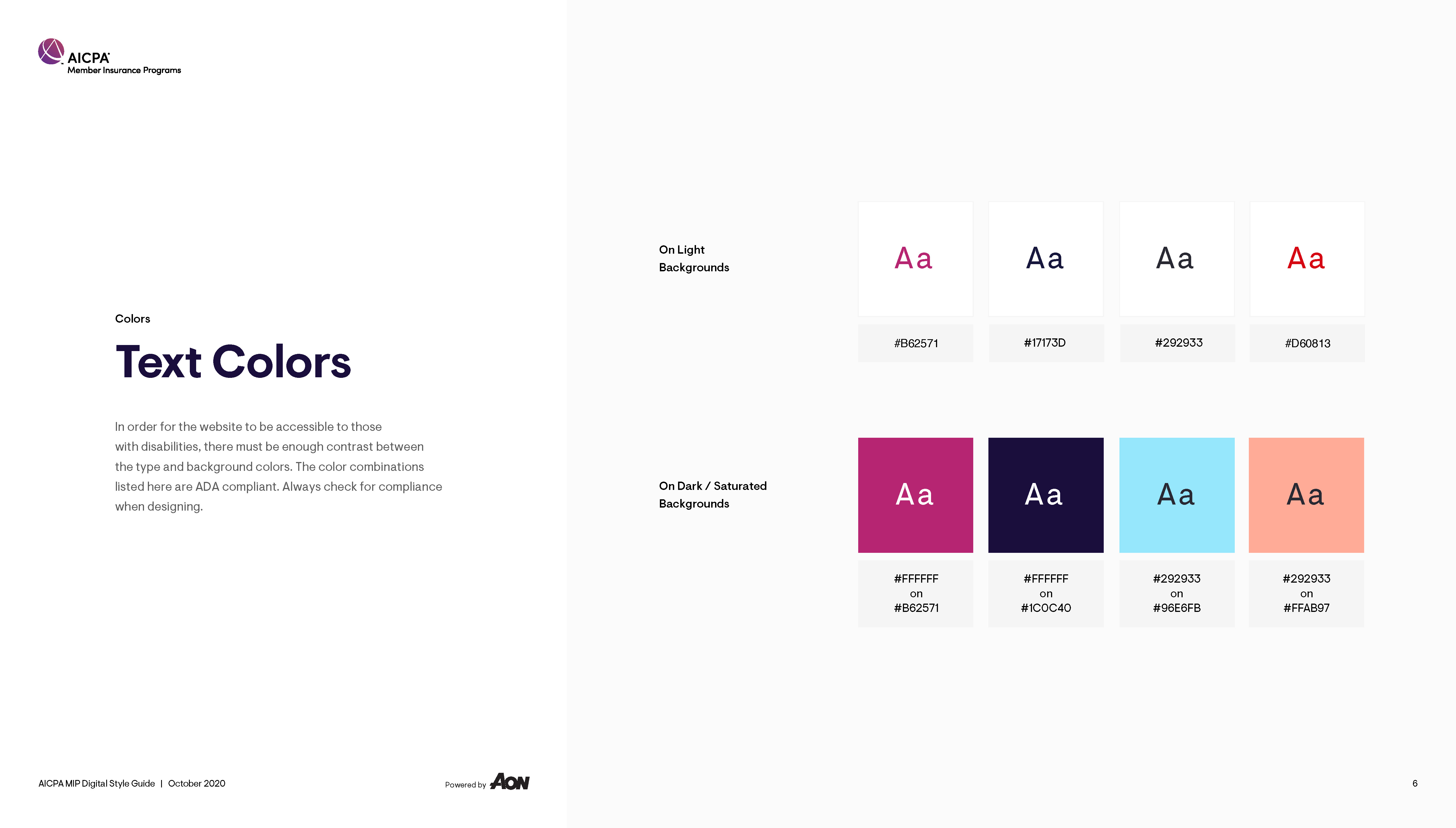 AICPA text color guide showing ADA-compliant color combinations on light and dark backgrounds with hex codes.