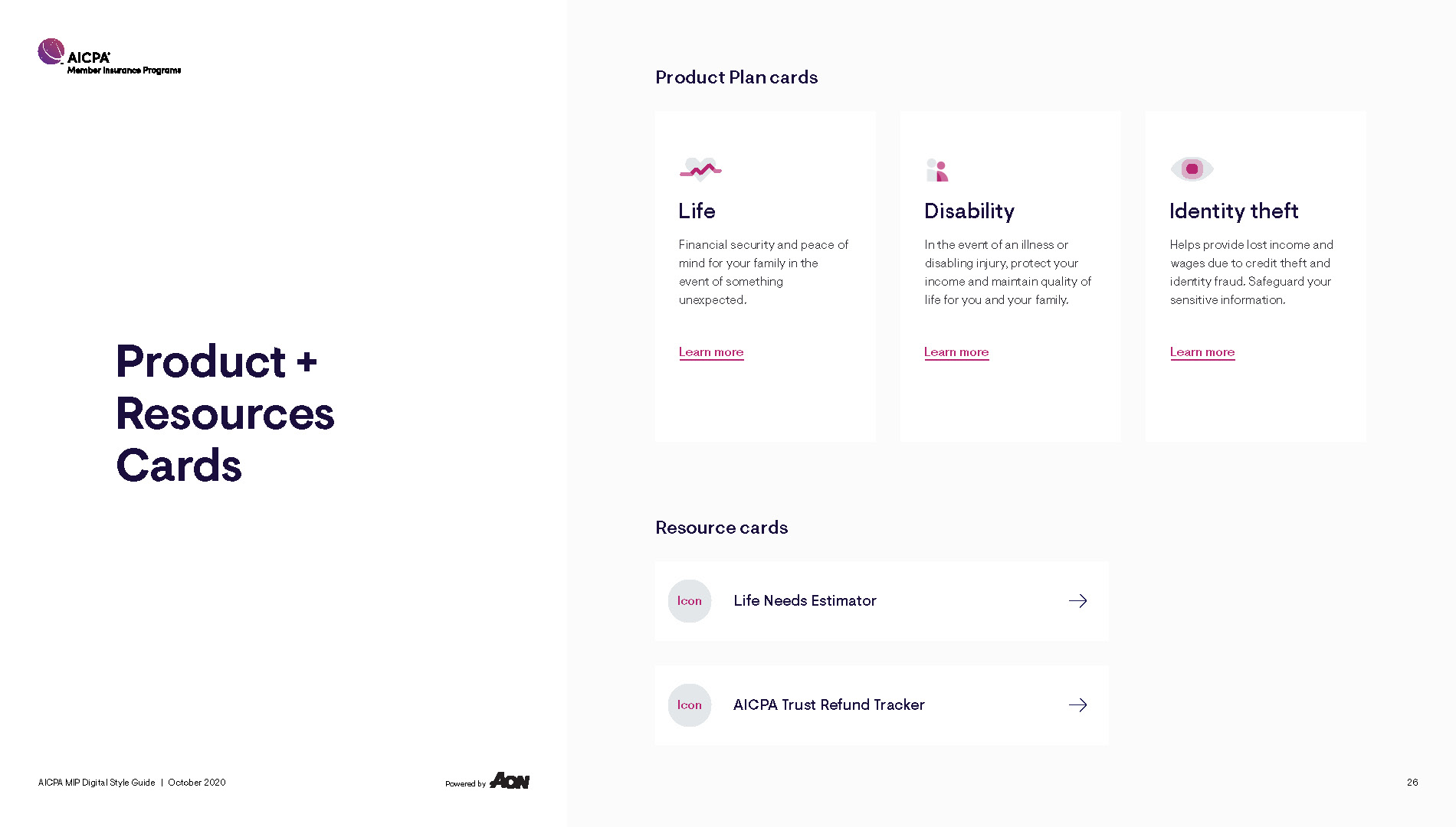 Three product plan cards for Life, Disability, and Identity theft with descriptions and learn more links.