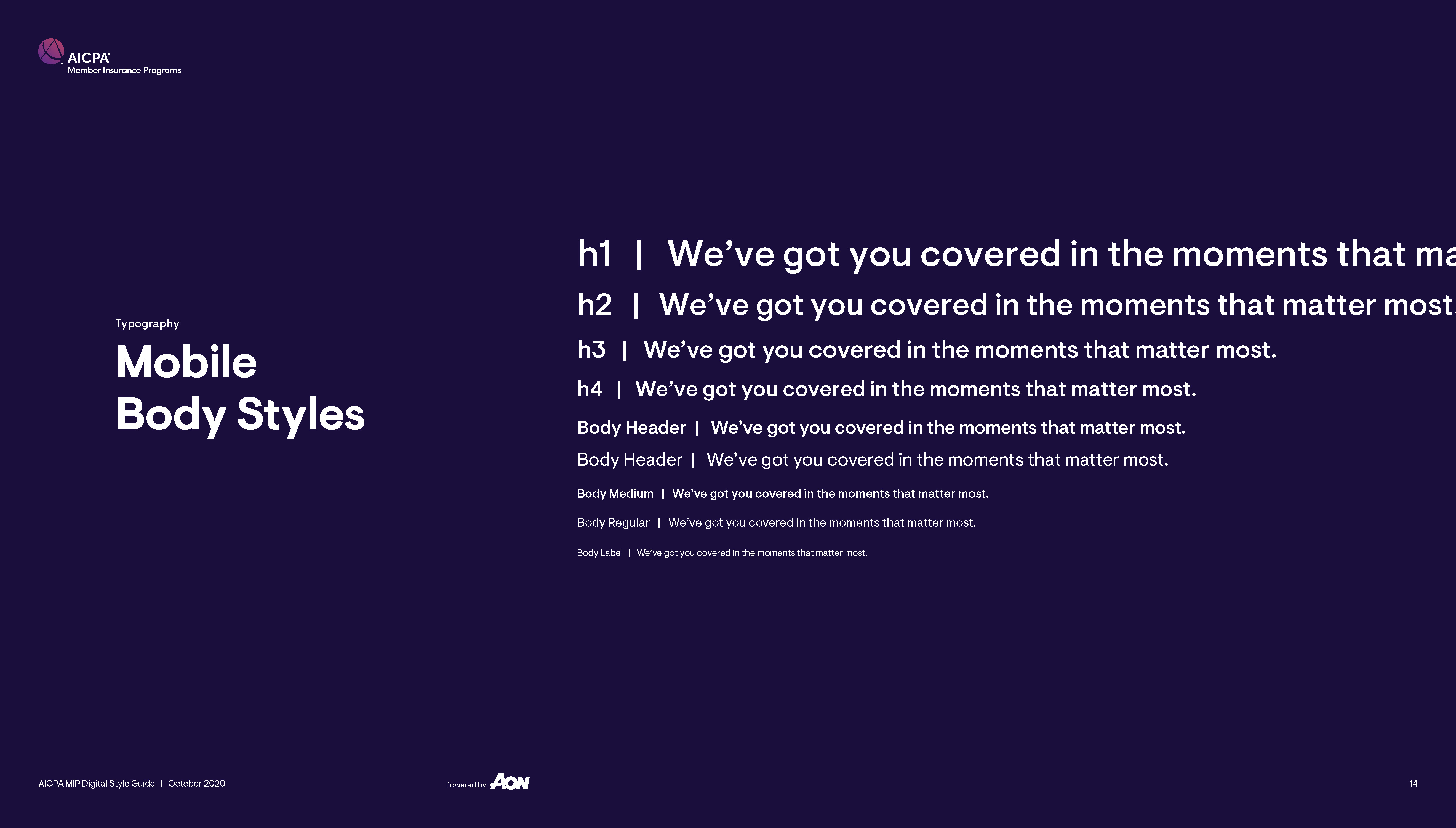 Typography styles showing headings h1 to h4 and body text variations with the phrase 'We’ve got you covered'.