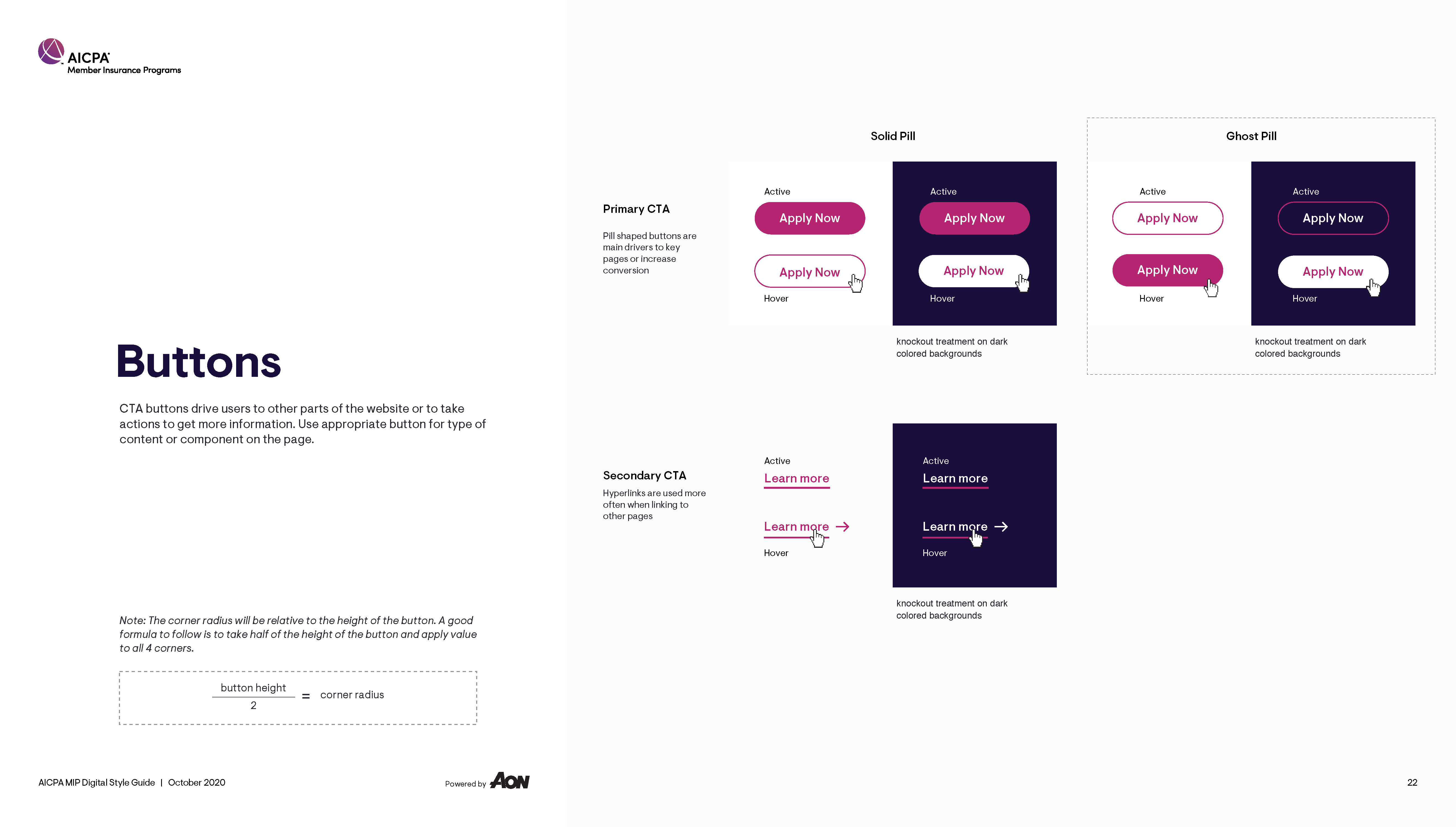 A style guide page showing solid and ghost pill-shaped buttons in active and hover states with formulas for corner radius.