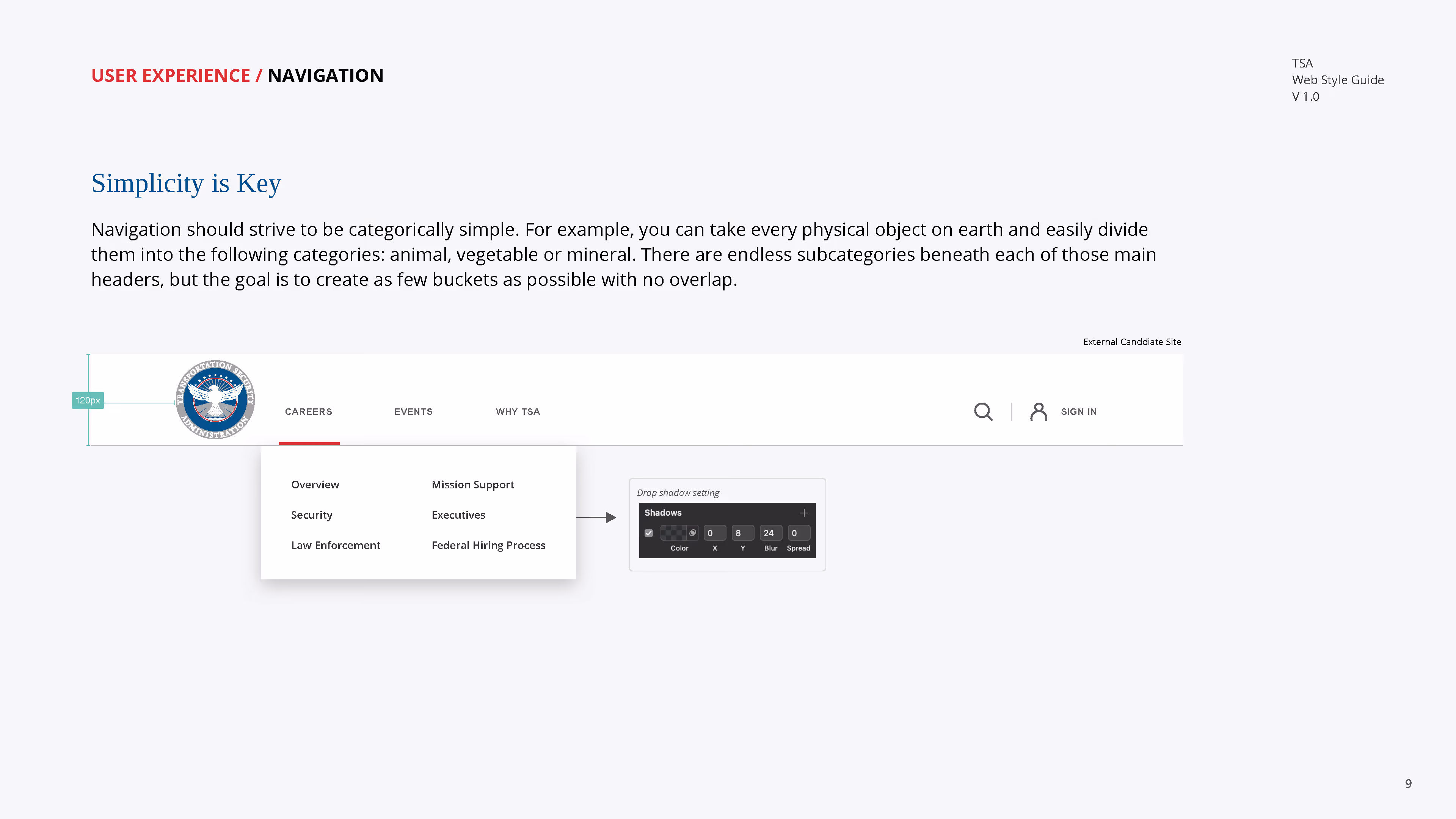 Web style guide page showing simplified navigation categories and a drop shadow setting example.