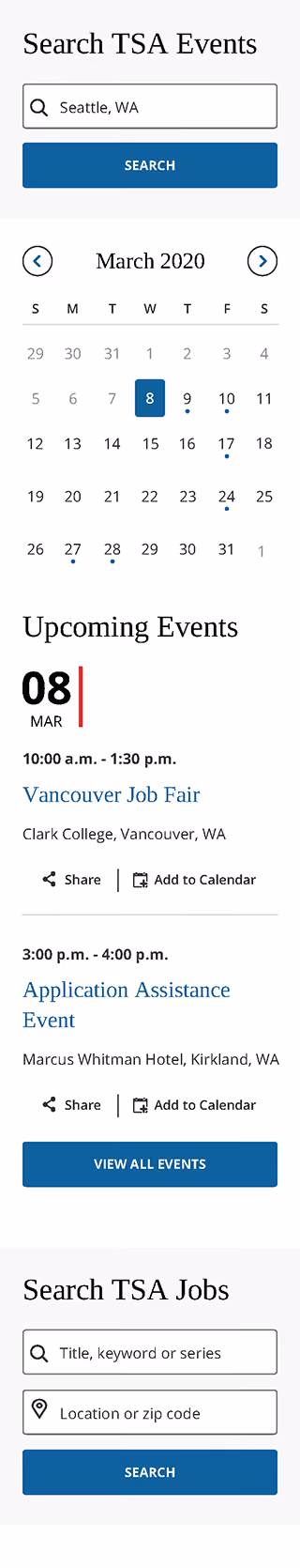 TSA events and jobs search page with March 2020 calendar showing upcoming job fair and assistance event.