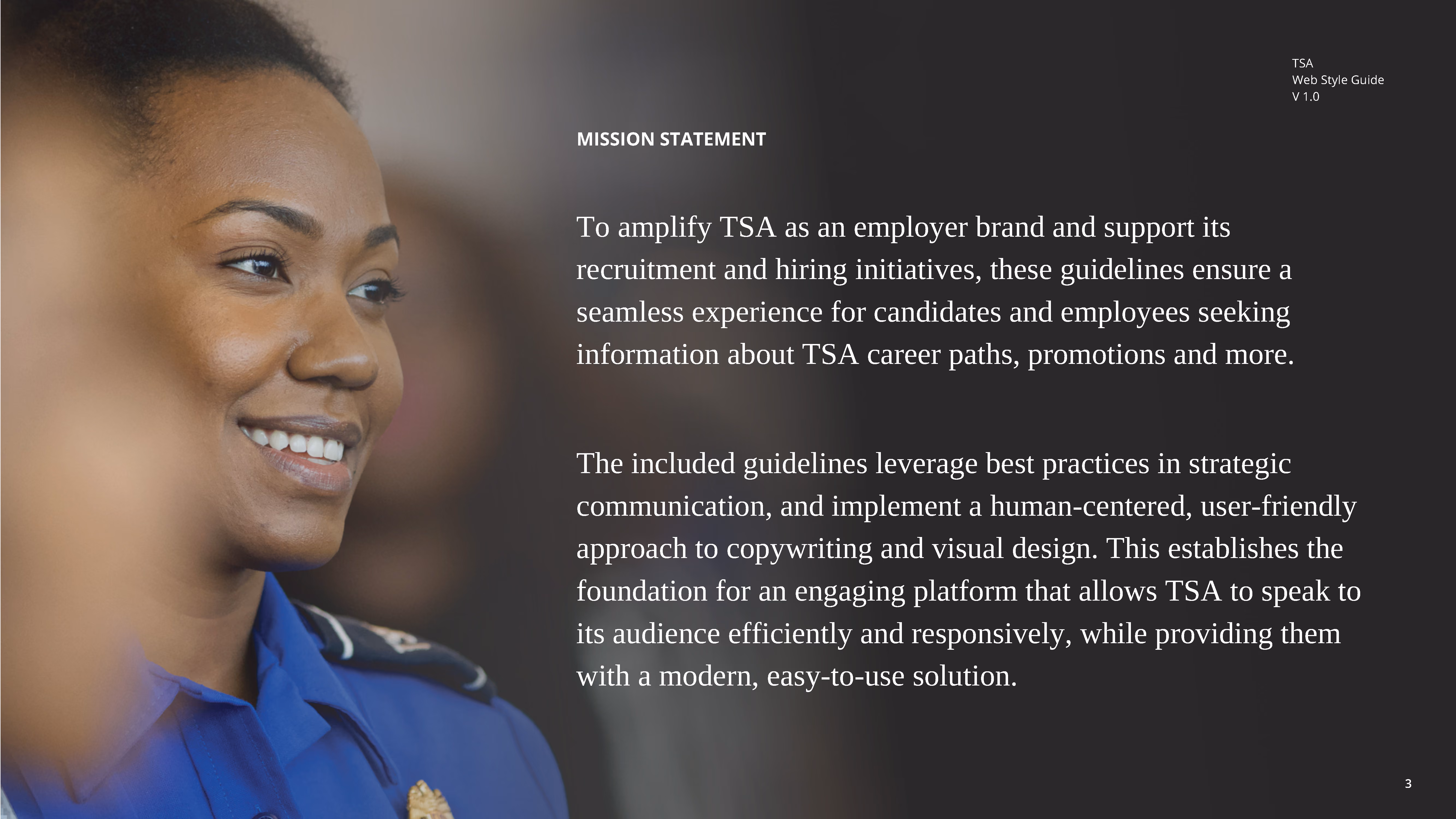 Smiling TSA officer in uniform on left, mission statement text on right with dark blurred background.