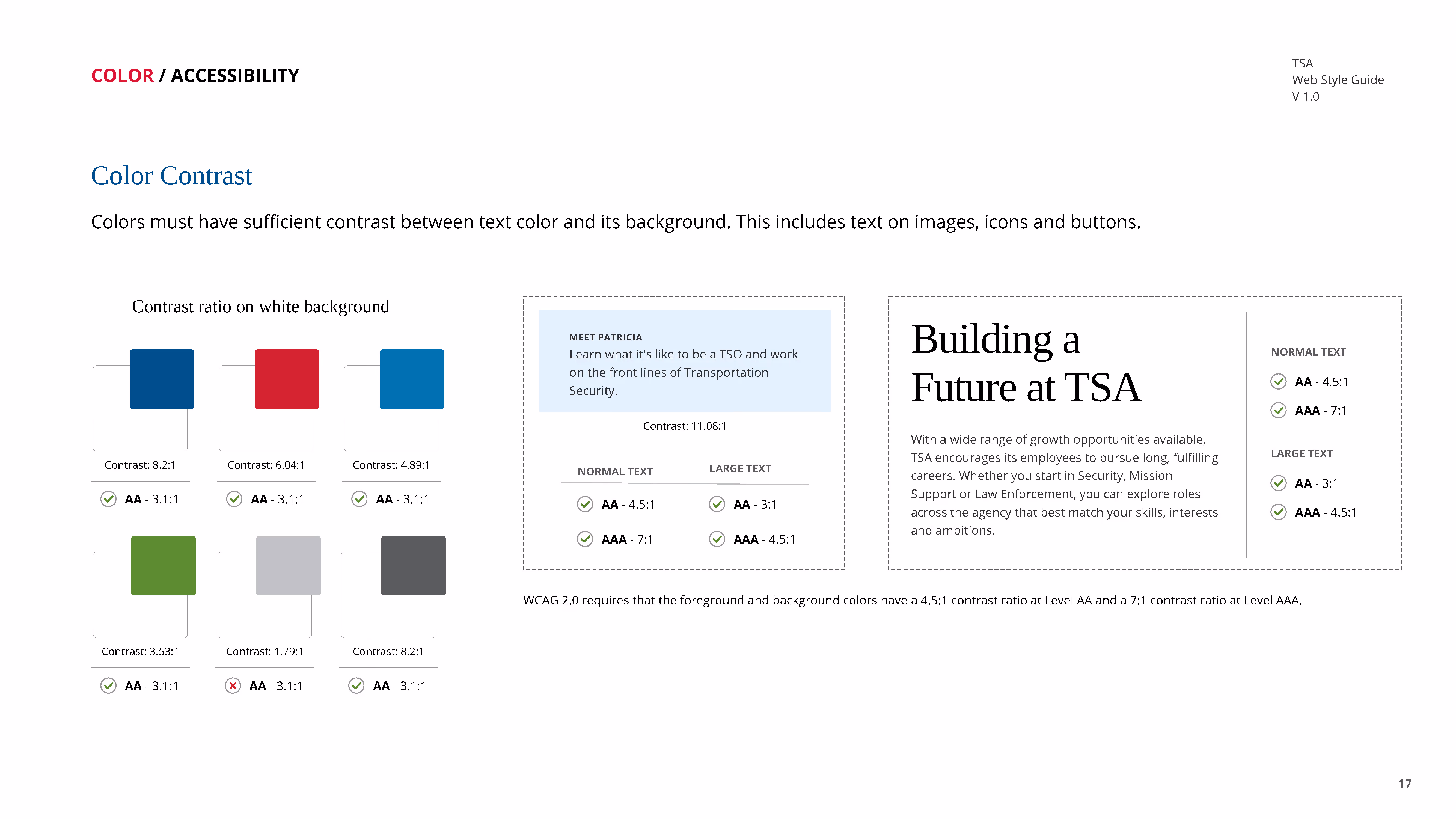 TSA color contrast guide showing contrast ratios for text on backgrounds and WCAG 2.0 compliance levels.